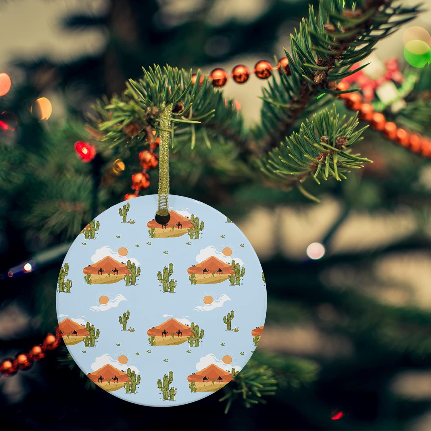 Adorno de Navidad 2023, accesorios para colgar en el árbol de Navidad, cactus, desierto, camello, sol, nube, árbol de Navidad, adornos redondos de