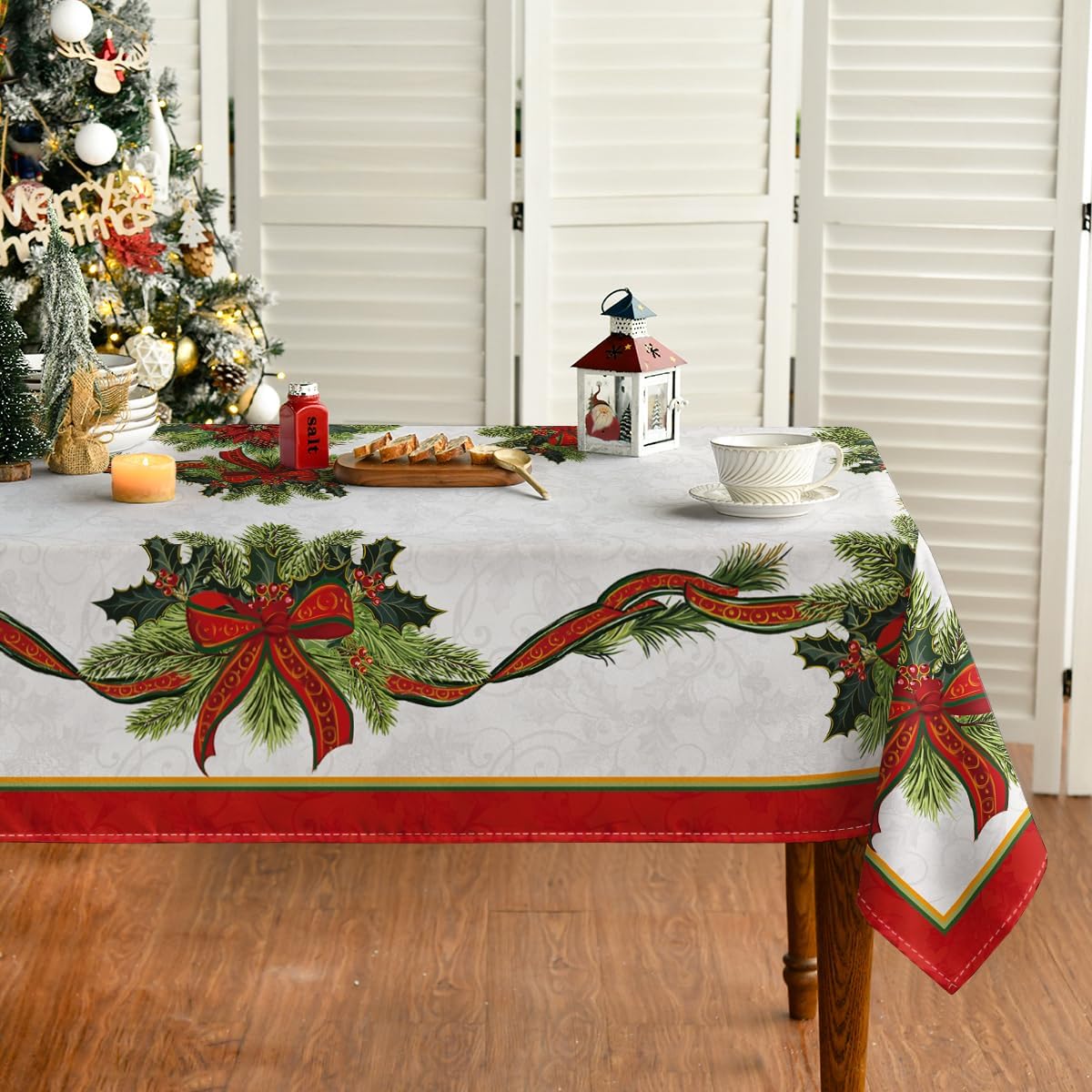 Horaldaily Mantel navideño de 60 x 104 pulgadas, diseño de flor de pascua con cinta dorada lavable, para decoración de fiestas, pícnic, cenas