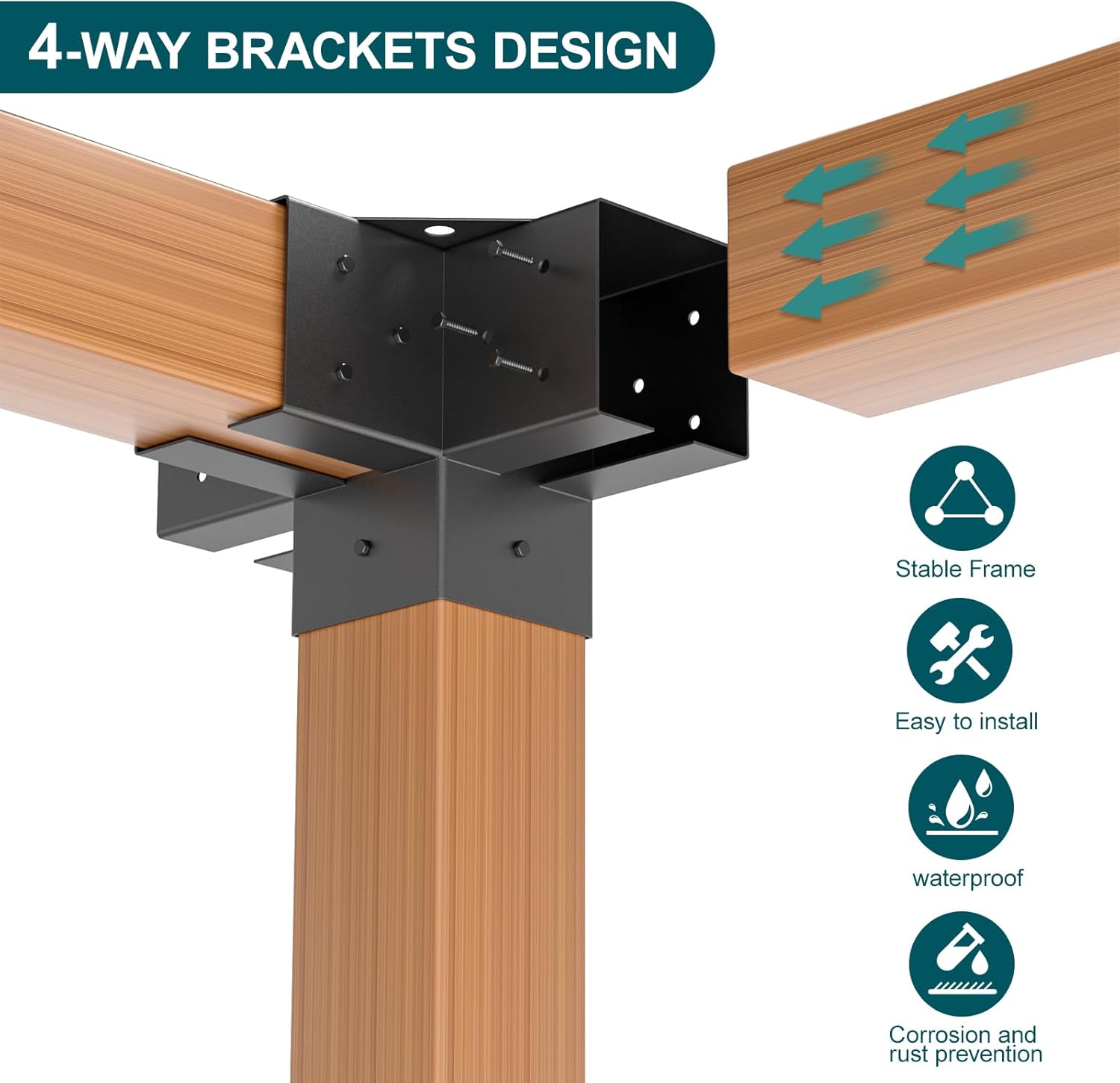 Kit de soportes de pérgola de 6 x 6, soportes de esquina de madera recubiertos de polvo de 4 vías, 2 hombros de soporte y 2 bases de postes de