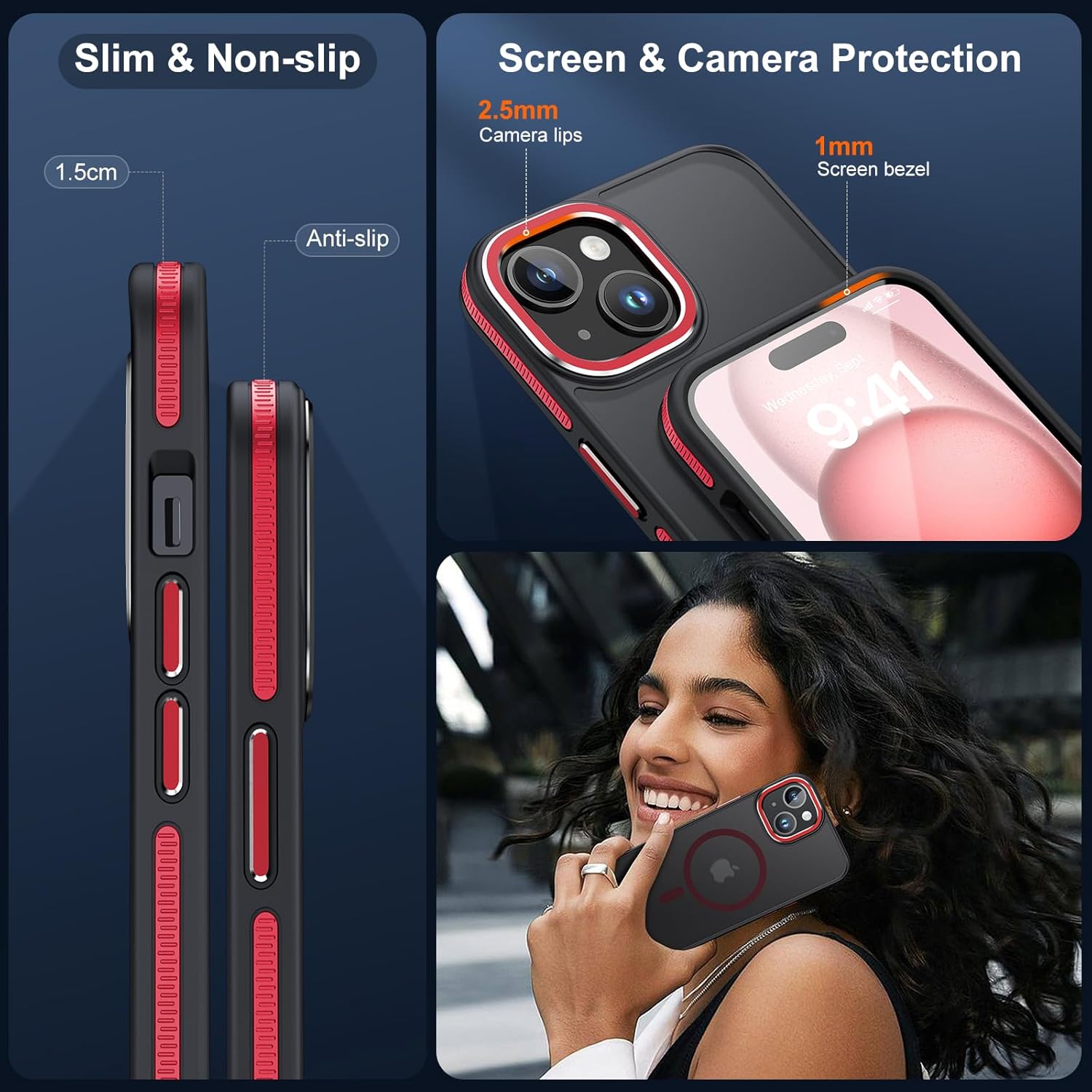 JAME Funda para iPhone 15, iPhone 15 con 2 protectores de pantalla de vidrio templado, compatible con Magsafe, protección de grado militar, funda