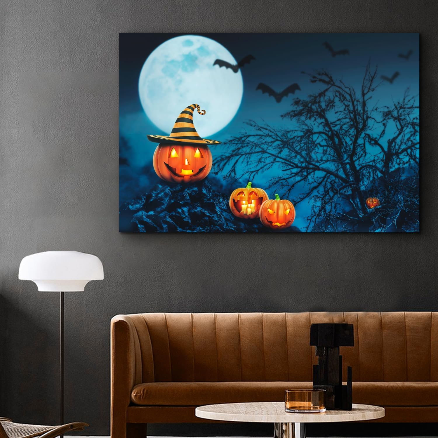 ZKBX – Arte para pared de Halloween, decoración de calabaza, murciélagos de luna, imágenes de noche de bosque oscuro de miedo, impresión en lienzo