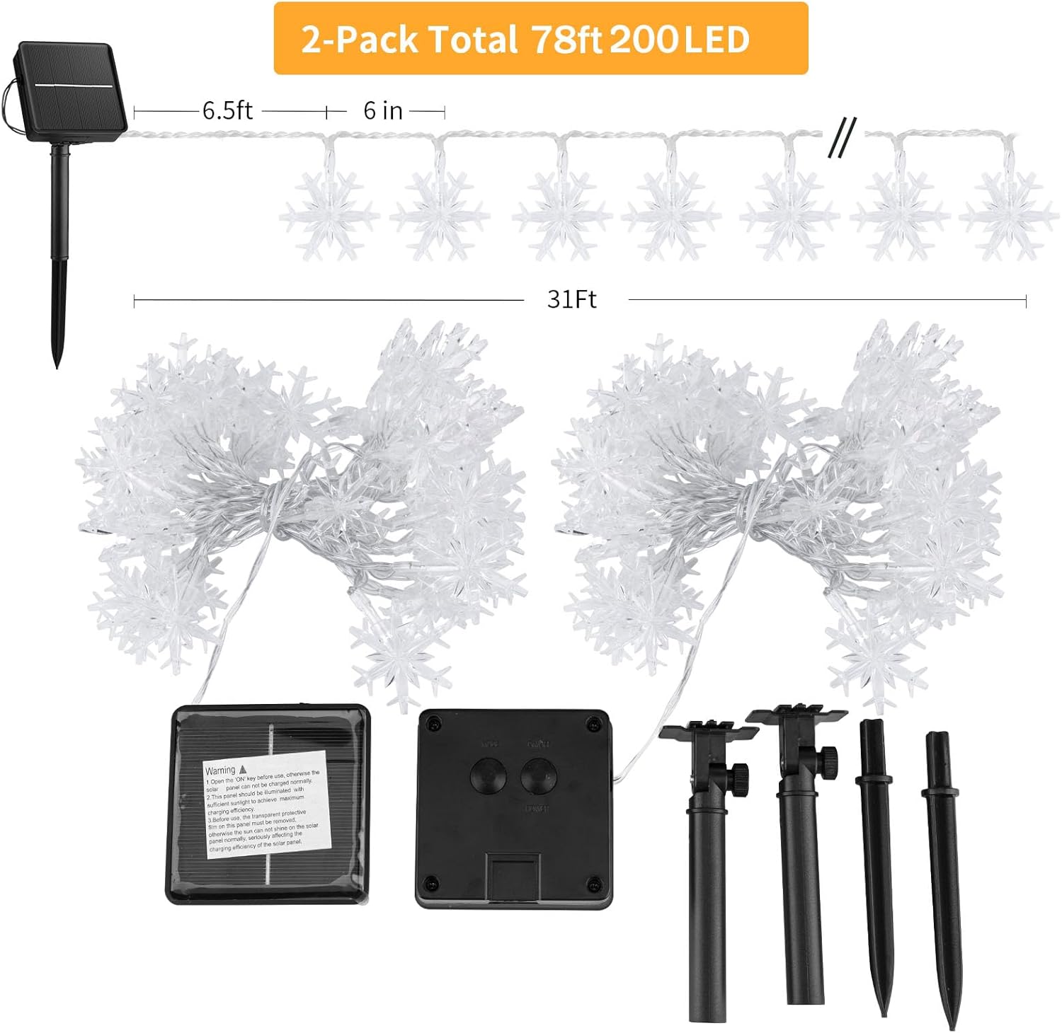 Guirnalda de luces solares de copo de nieve de Navidad, paquete de 2 unidades, 100 luces LED de 78 pies para exteriores, impermeables, con 8 modos