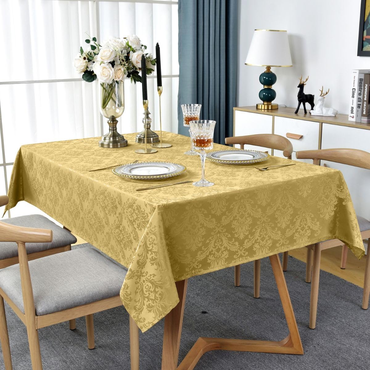 SASTYBALE Mantel rectangular de jacquard de 52 x 70 pulgadas, a prueba de derrames, resistente a las arrugas, mantel de damasco oblongo, poliéster