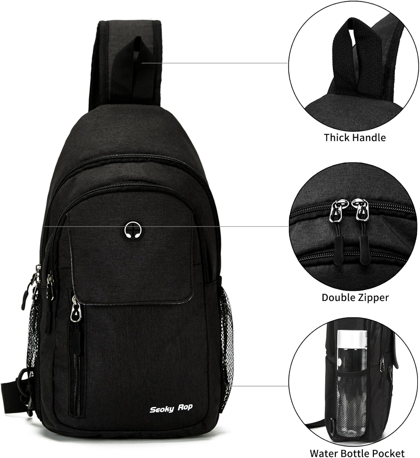 Seoky Rop Mochila tipo bandolera para hombres y mujeres, resistente al agua, bolsa cruzada para senderismo y viajes, Negro -, Mochilas Sling