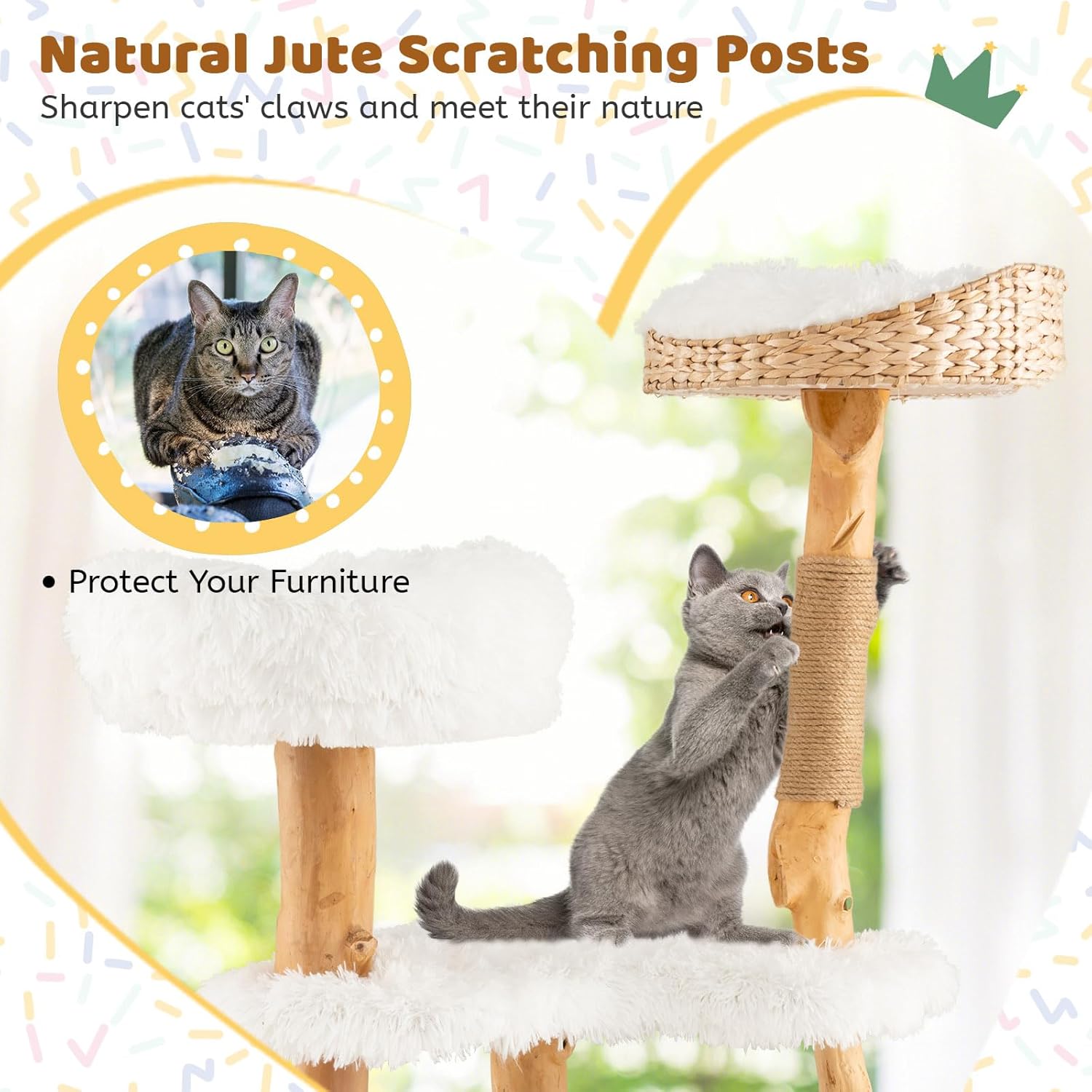 Tangkula Árbol para gatos de interior, torre moderna de madera maciza para gatos con cesta de cola superior, cama para gatos, perca lateral,
