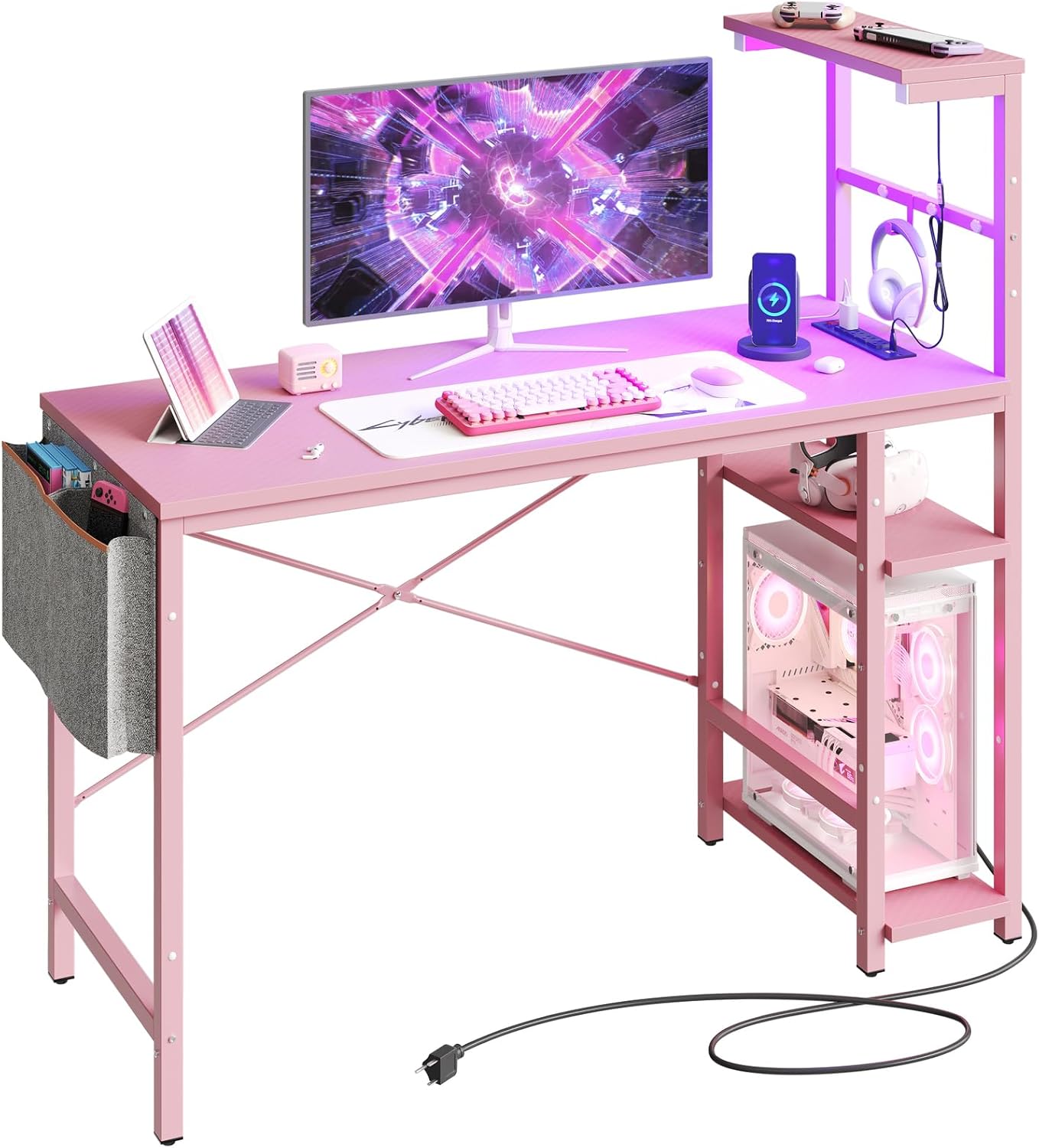 Bestier Escritorio rosa para juegos con tomas de corriente, escritorio LED para jugadores de 44 pulgadas con estantes reversibles de 4 niveles,