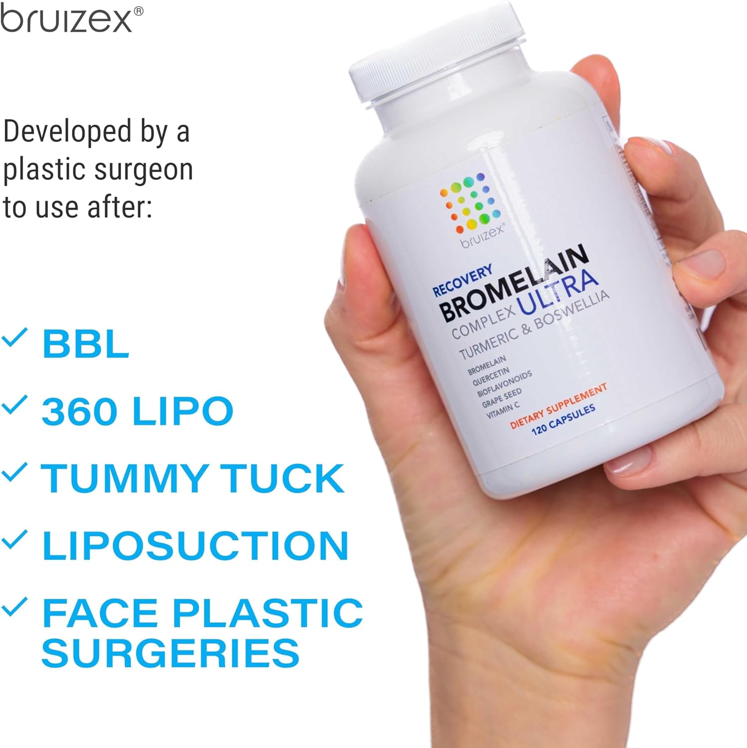 BRUIZEX Suplemento de alivio de moretones ultra bromelina y quercetina, 120 cápsulas  Suplementos de cirugía de piel moretonada, recuperación de