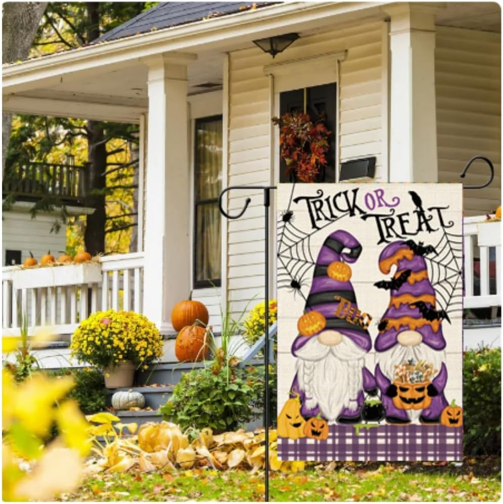 Bandera de jardín de gnomo de Halloween, bandera de jardín de truco o trato, decoración de Halloween para patio, decoración al aire libre, 12 x 18