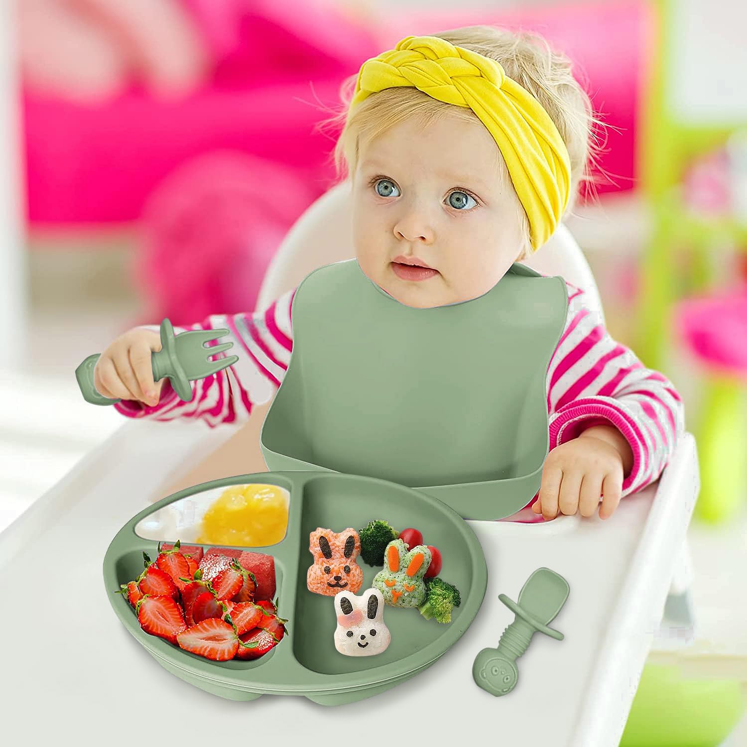 Mrkyy Juego de alimentación de bebé de silicona, suministros de destete con ventosa dividida, juego de platos de autoalimentación para niños