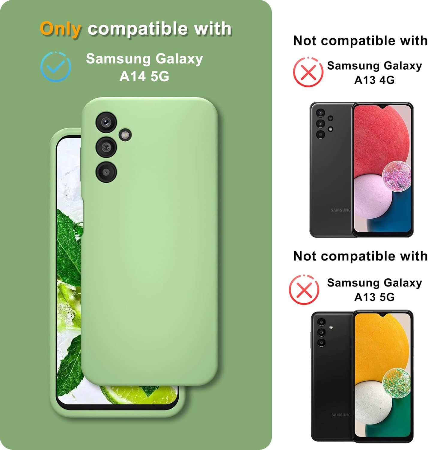 YENAPOON Funda para Samsung Galaxy A14 5G y 2 protectores de pantalla de vidrio templado, funda protectora delgada de silicona líquida a prueba de