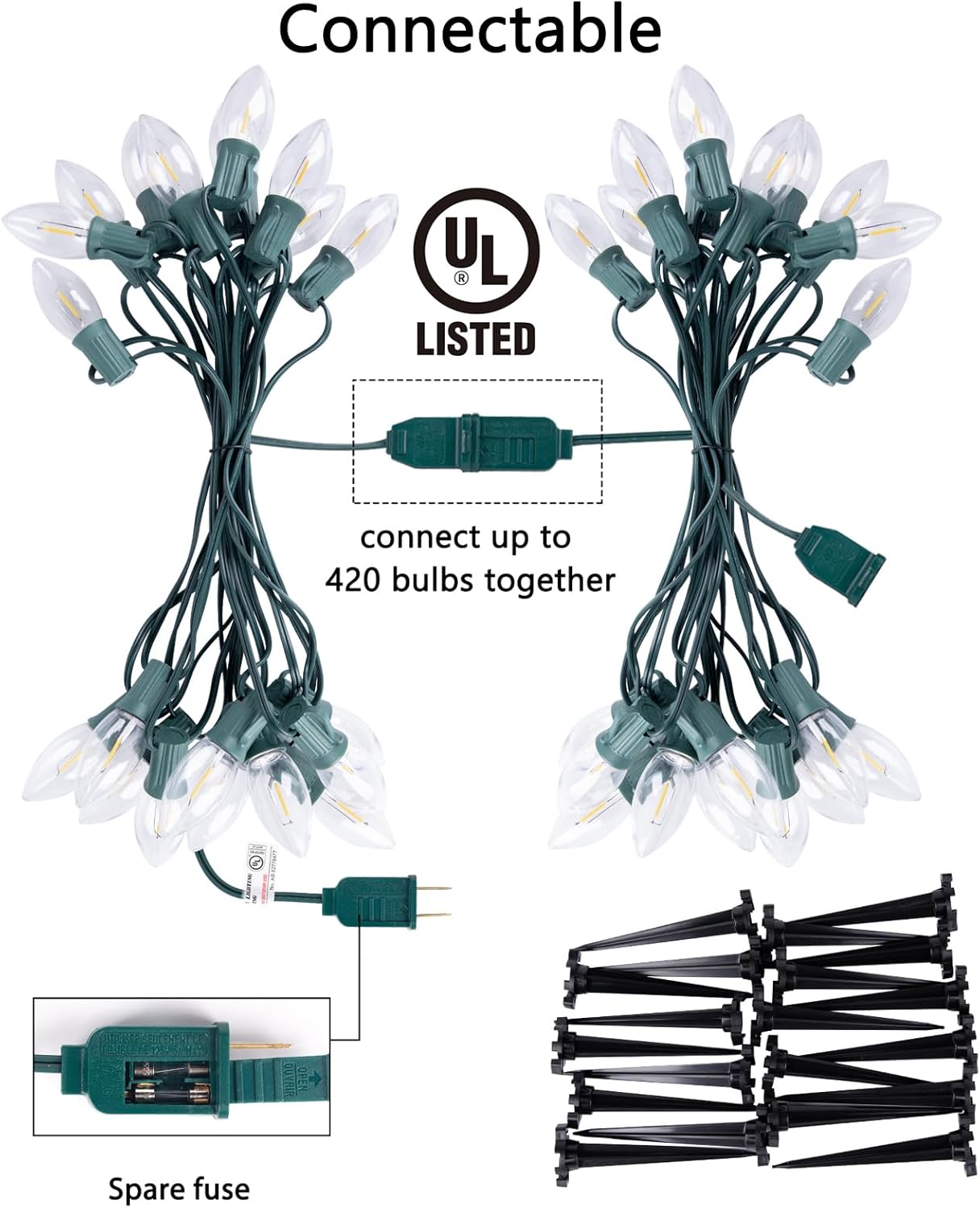 Luces de Navidad C9 para exteriores, 4 paquetes en total de luces de camino de Navidad de 103 pies con 80 bombillas LED y estacas, decoraciones de