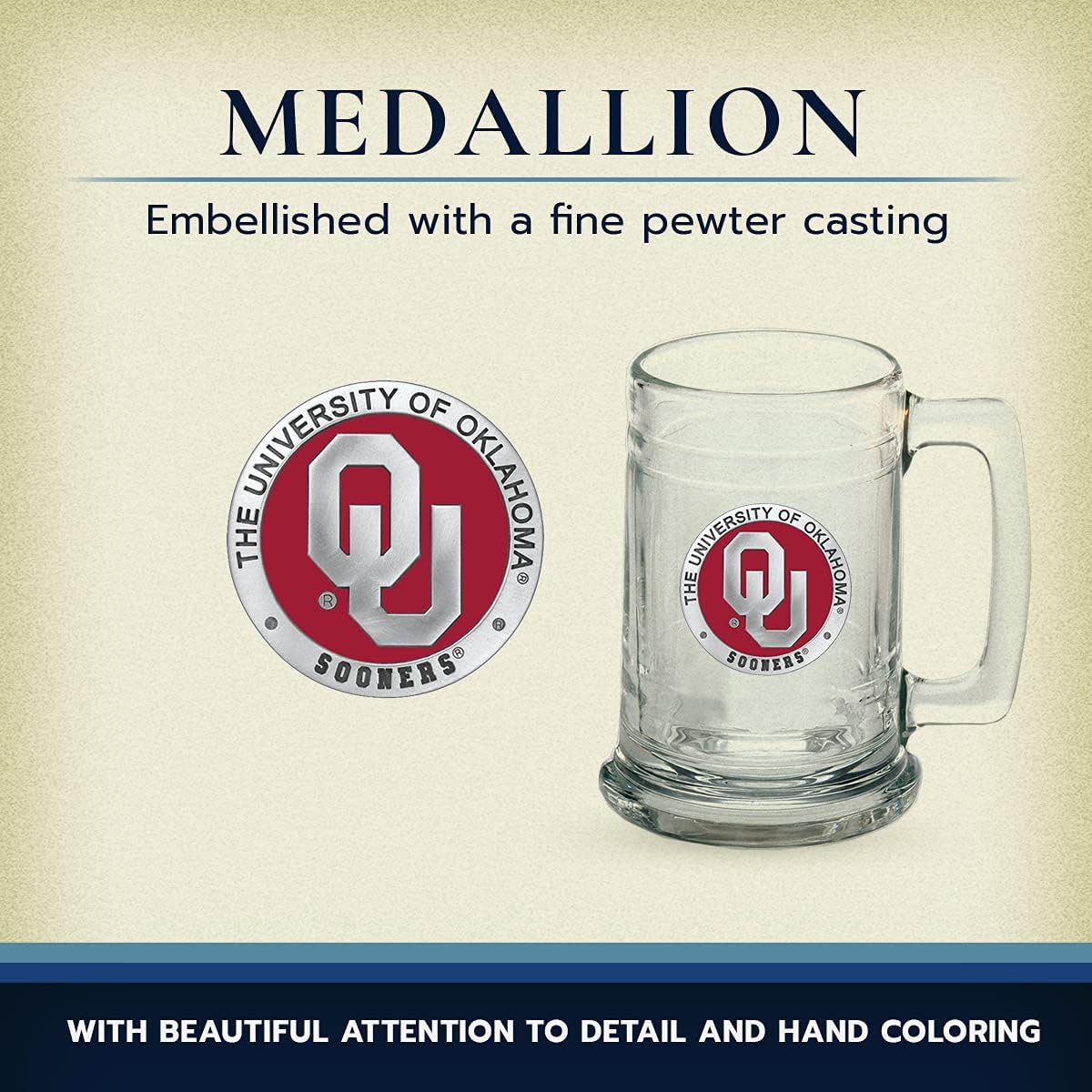 Vaso de cerveza Oklahoma  Vaso de cerveza de estilo alemán de 15 onzas  Incrustación de metal Alma Mater de peltre intrincadamente elaborada