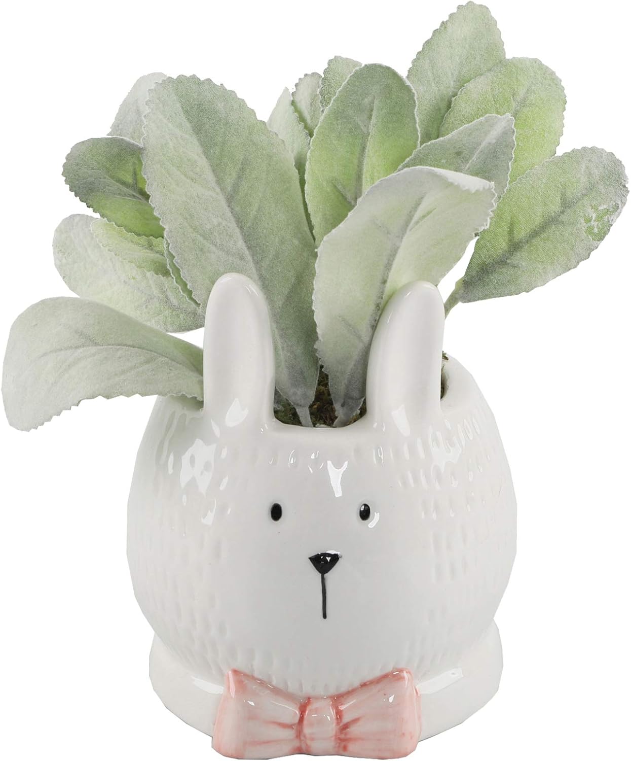 Flora Bunda Conejo de cerámica de 4 pulgadas con lazo rosa plantado oreja de cordero artificial para interiores, hogar, cocina, oficina, decoración