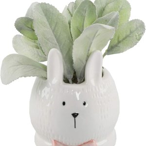 Flora Bunda Conejo de cerámica de 4 pulgadas con lazo rosa plantado oreja de cordero artificial para interiores, hogar, cocina, oficina, decoración Flora Bunda Conejo de cerámica de 4 pulgadas con lazo rosa plantado oreja de cordero artificial para interiores, hogar, cocina, oficina, decoración