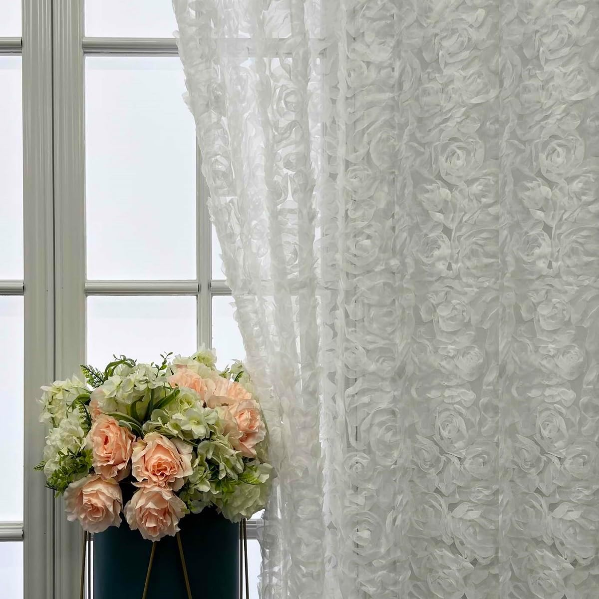 2 paneles de cortinas 3D coreanas blancas con rosas blancas bordadas de tul floral para sala de estar, dormitorio, cortinas de 55 x 108 pulgadas