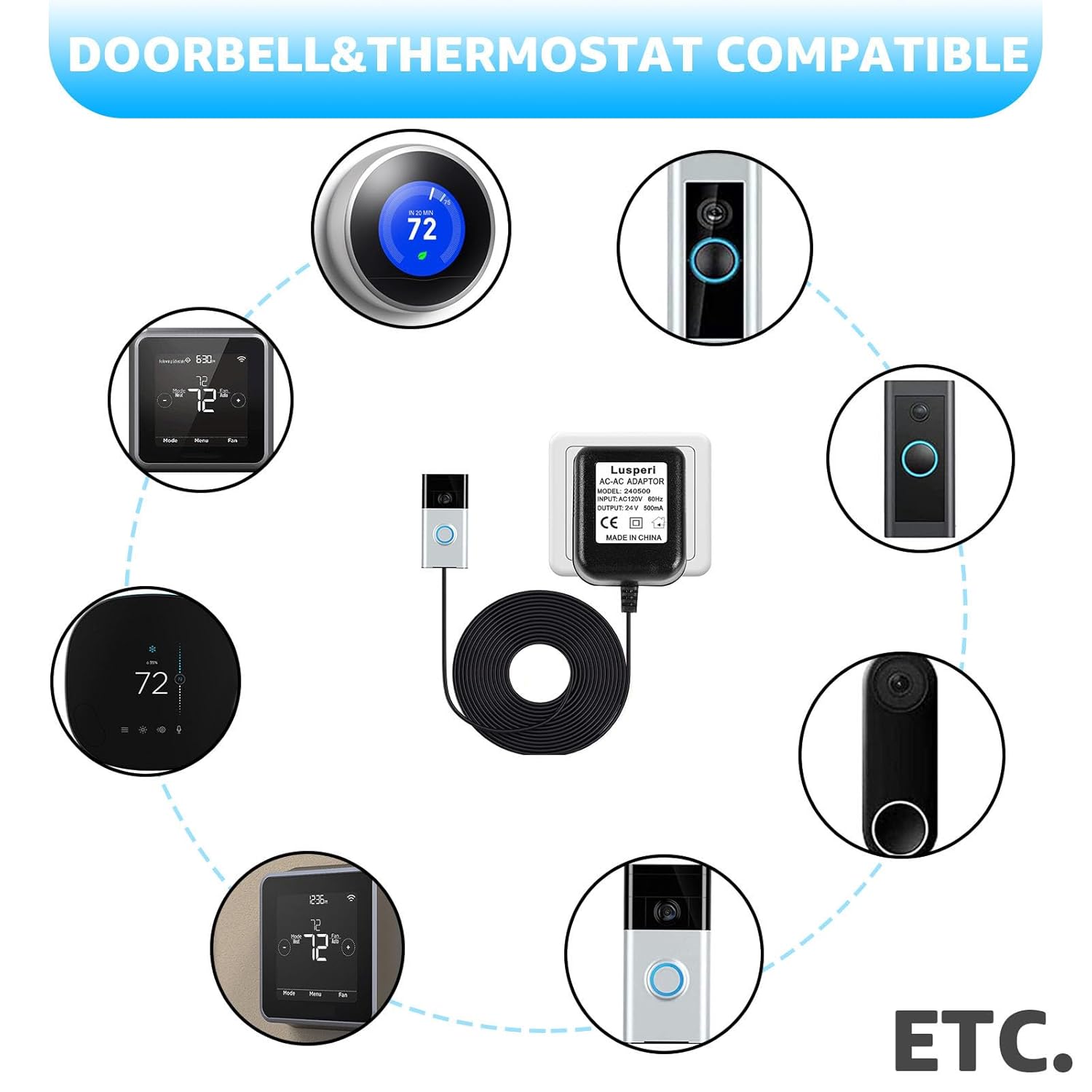 Transformador de timbre, adaptador de corriente para timbre de puerta de 24 V 500 MA, compatible con Ring, Wyze, Nest, Eufy, Arlo timbre de video