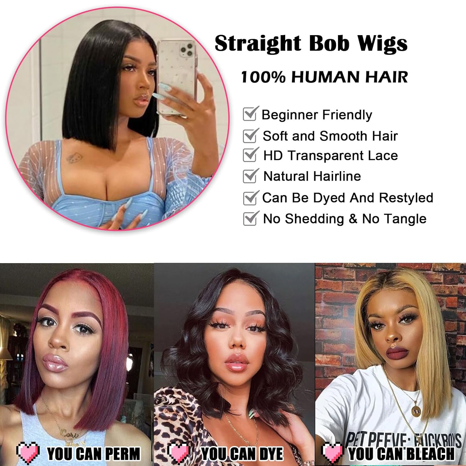 Peluca corta lacia estilo Bob con encaje frontal sin pegamento, predepilada, densidad del 180%, fácil de instalar con banda elástica para mujeres,