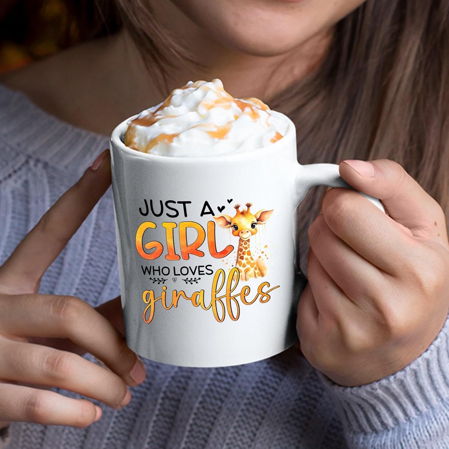 Taza de porcelana con diseño de jirafa con diseño de jirafa, regalo para hijas, niños, taza de cerámica con texto en inglés Just A Girl Who Loves