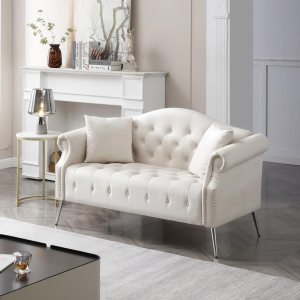Holaki Chesterfield – Sofá de terciopelo de 59.4 pulgadas, moderno, tapizado, clásico, con botones copetudos, con brazos enrollados, patas de metal Holaki Chesterfield – Sofá de terciopelo de 59.4 pulgadas, moderno, tapizado, clásico, con botones copetudos, con brazos enrollados, patas de metal