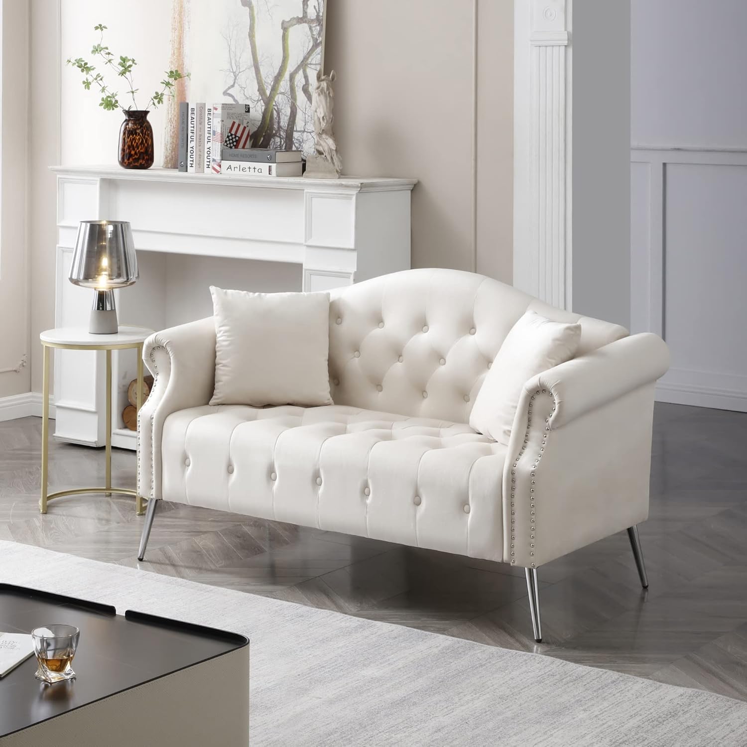 Holaki Chesterfield – Sofá de terciopelo de 59.4 pulgadas, moderno, tapizado, clásico, con botones copetudos, con brazos enrollados, patas de metal