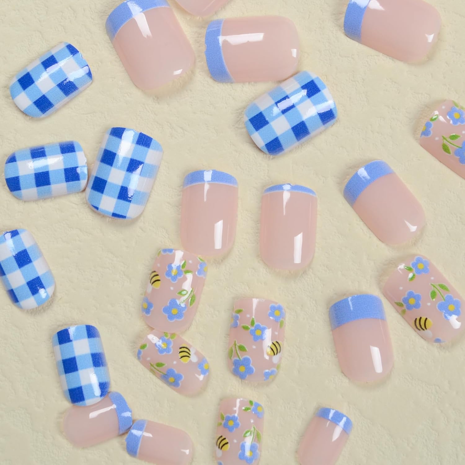 MERVF Uñas postizas cuadradas a presión cortas, punta francesa azul, uñas cuadradas con pegamento con diseño de abejas, uñas acrílicas, lindas uñas