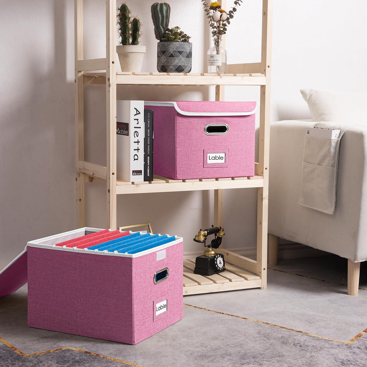 PRANDOM Caja organizadora de archivos, juego de 2 carpetas plegables decorativas de lino para almacenamiento de archivos colgantes con tapas,