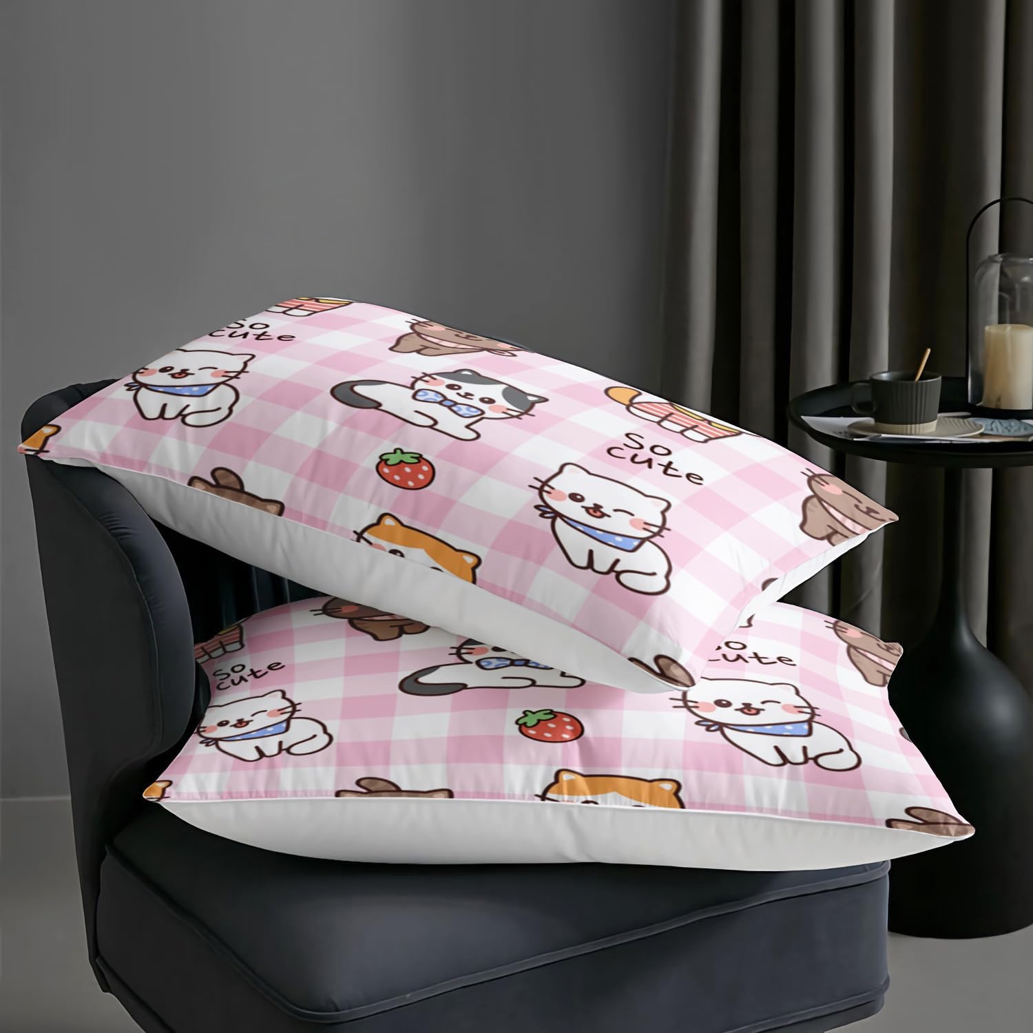 AILONEN Juego de edredón de gato tamaño matrimonial, lindo juego de ropa de cama para niños con diseño de fresas y gatos para decoración de