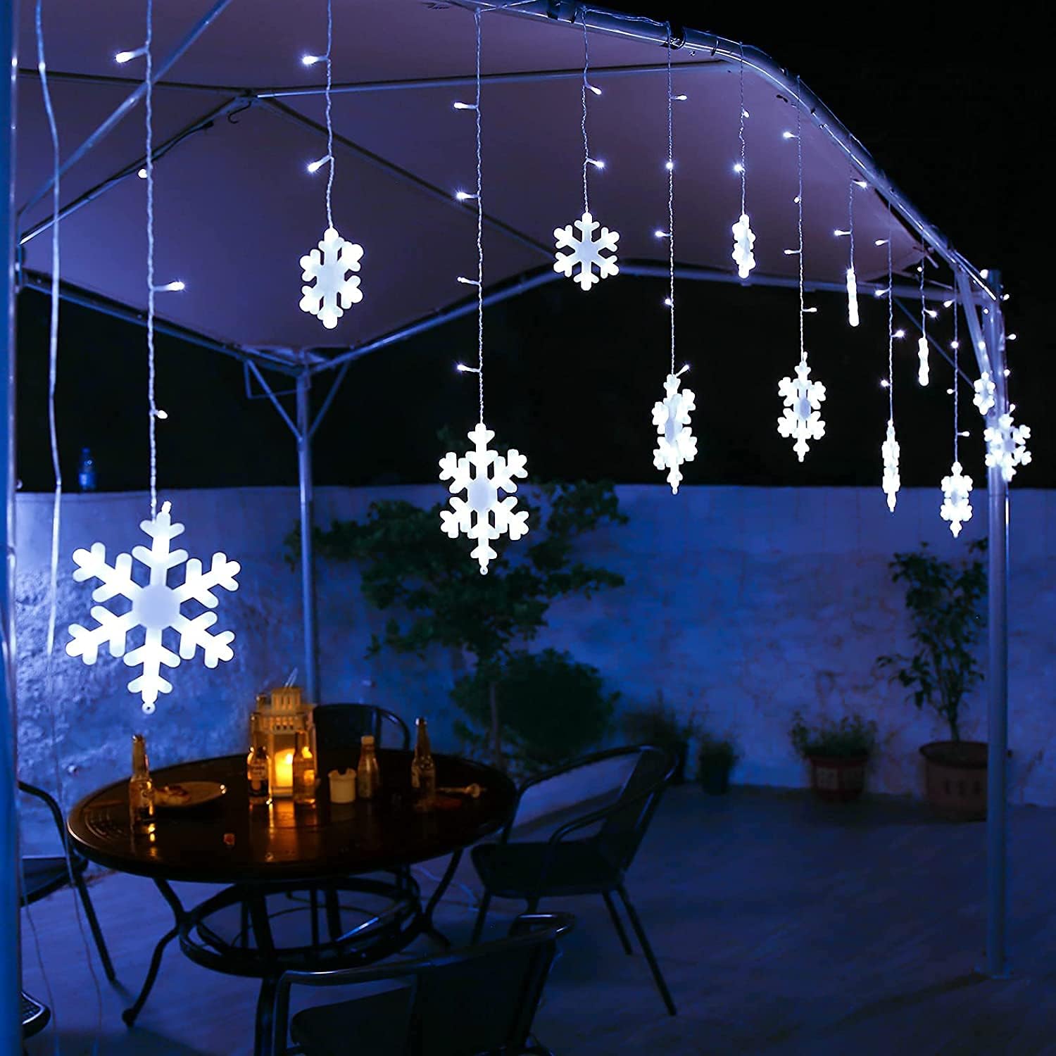 Luces de copo de nieve de Navidad para exteriores, 17.22 pies, 264 luces LED de carámbano de copo de nieve con 22 gotas, 8 modos conectables, luz de