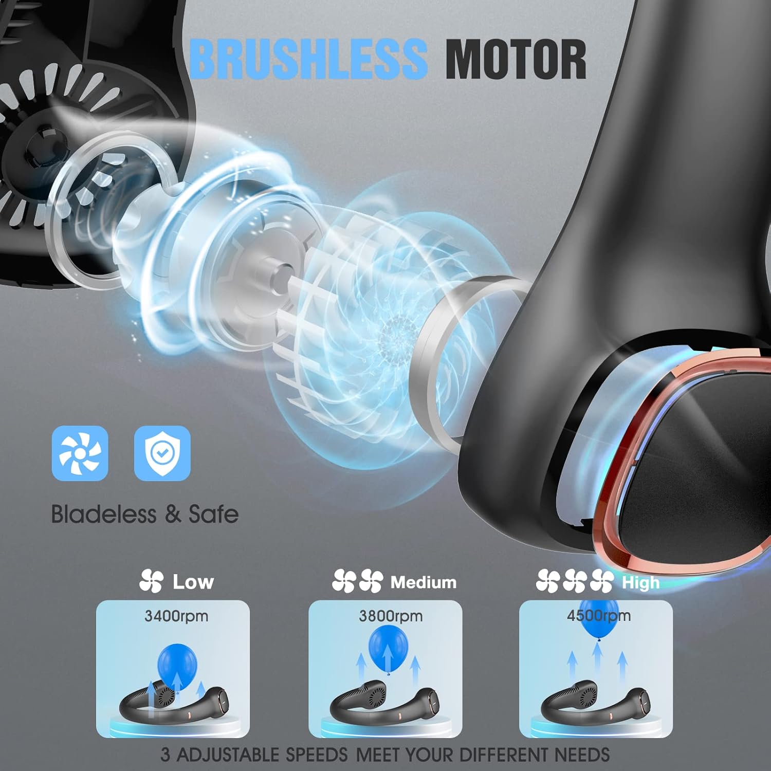 Ventilador de cuello portátil, ventiladores de cuello de 4000 mAh portátiles recargables, ventilador de refrigeración con pilas, ventilador personal