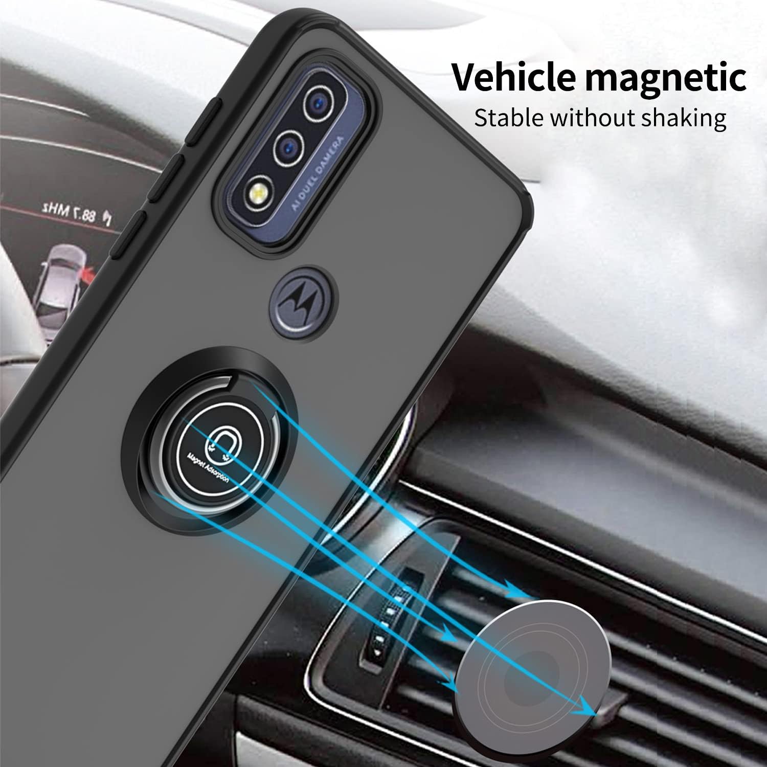 TJS Funda compatible con Motorola Moto G Play 2023, Moto G Power 2022G Pure 2021, protector de pantalla de vidrio templado, anillo de metal soporte