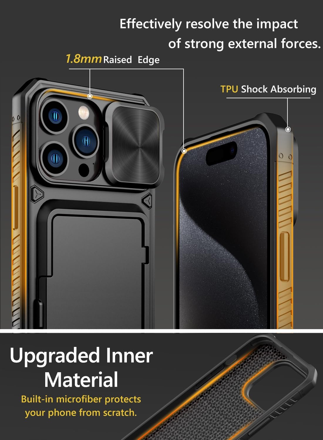 Vihibii Funda para iPhone 15 Pro Max con tarjetero (4 tarjetas) y cubierta deslizante para cámara y soporte, protección contra caídas de grado