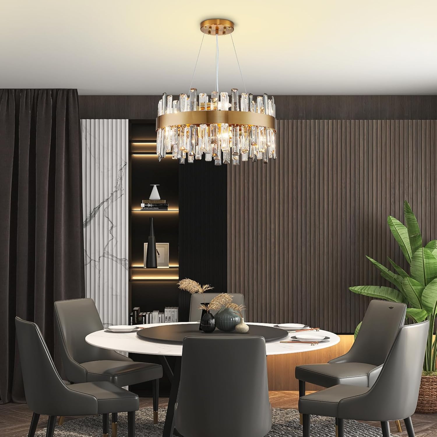 NOXARTE Candelabro redondo de cristal de lujo de 19.7 pulgadas, lámpara colgante moderna con alambre ajustable, lámpara dorada para comedor, sala de