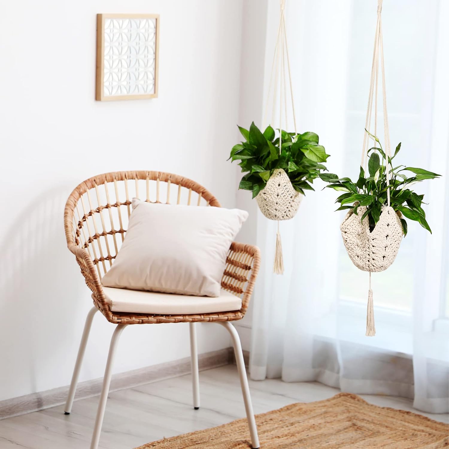Paquete de 2 colgadores largos de yute para macetas de 3 a 12 pulgadas, soporte para plantas de macramé, colgador de plantas bohemio con 2 ganchos