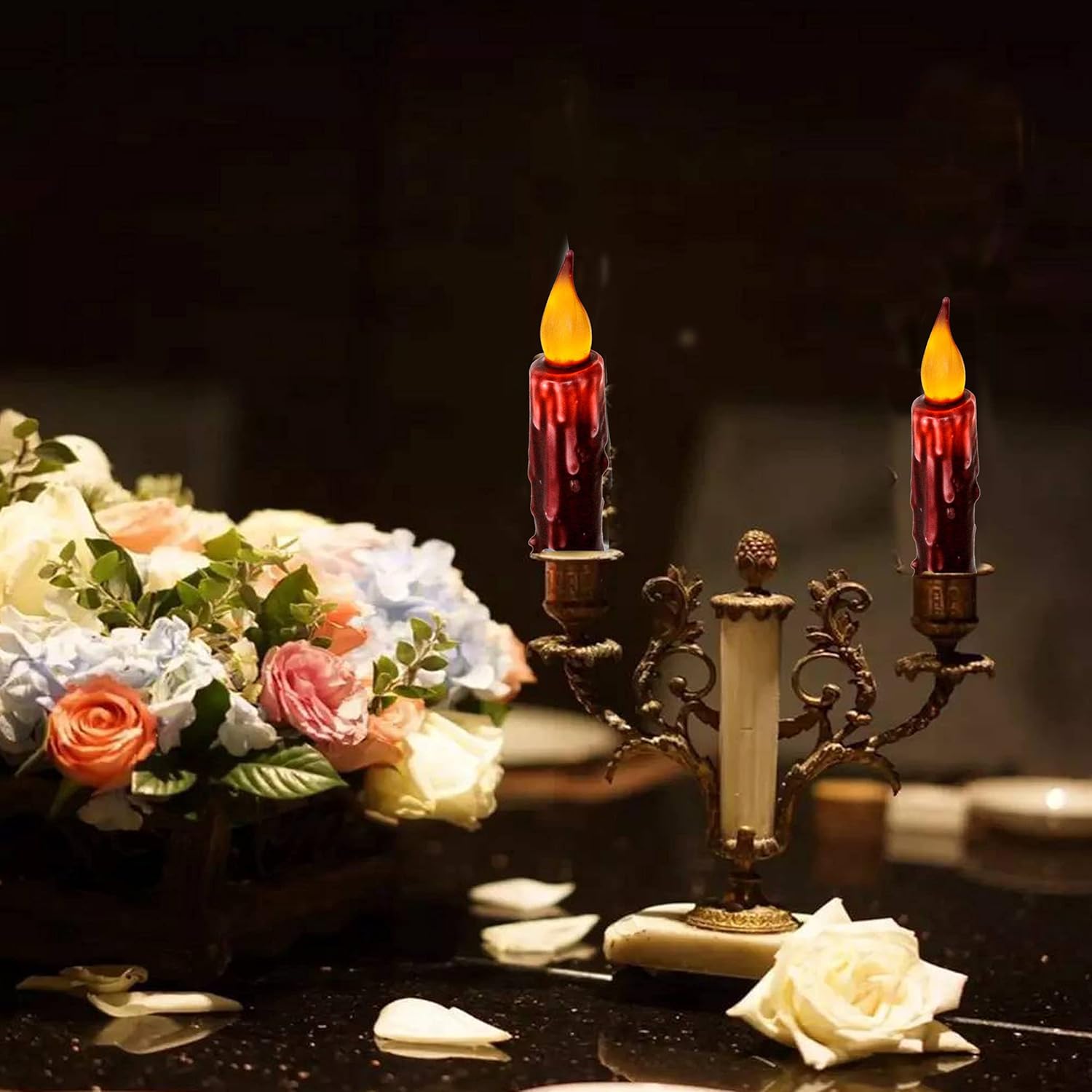 Velas cónicas cortas a batería, llama parpadeante, vela cónica sin llama de cera real primitiva, vela corta con temporizador, vela LED borgoña de