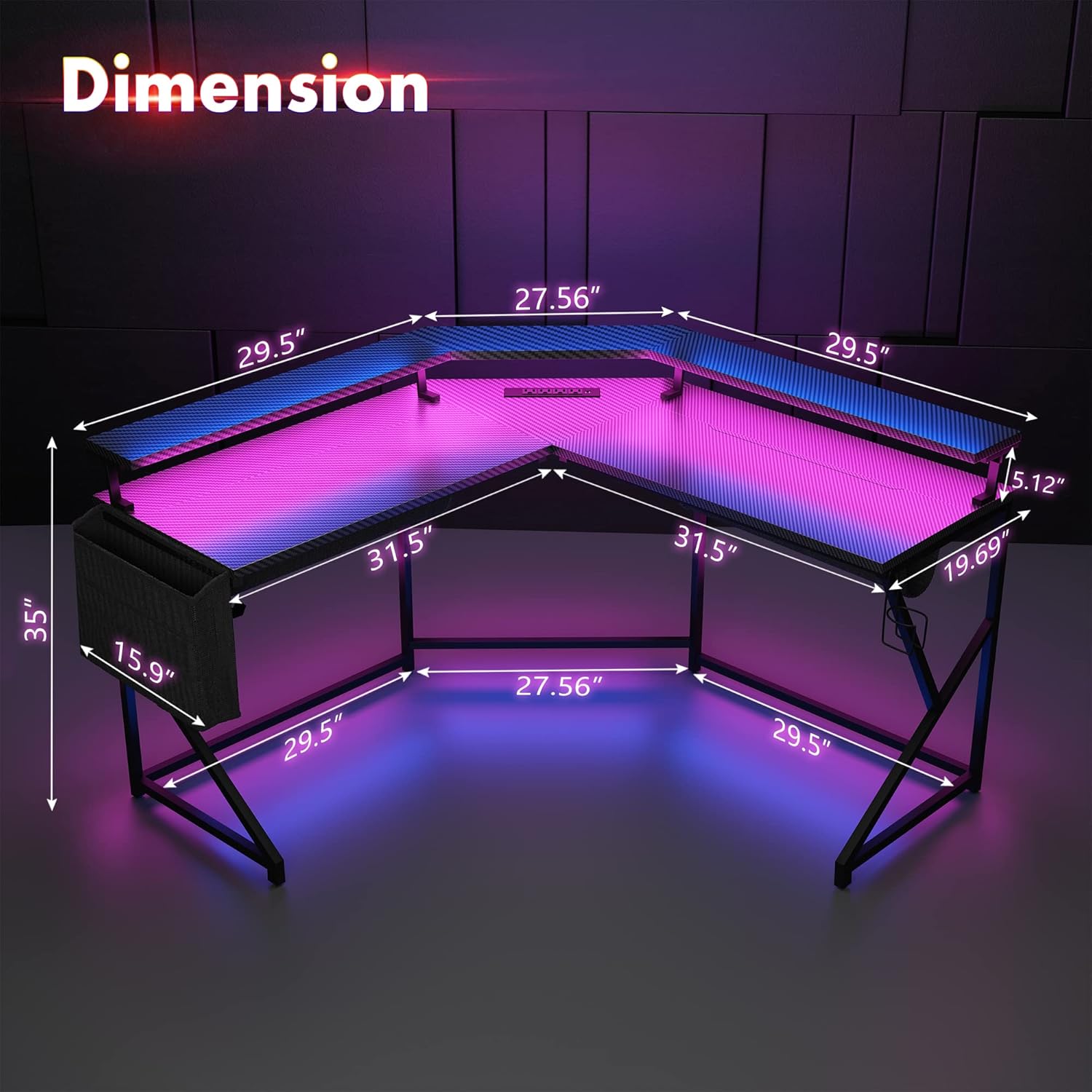 wOod-it Escritorio de computadora para juegos, esquina en forma de L de 51 pulgadas, mesa de escritura para oficina en casa con luces LED, tomas de
