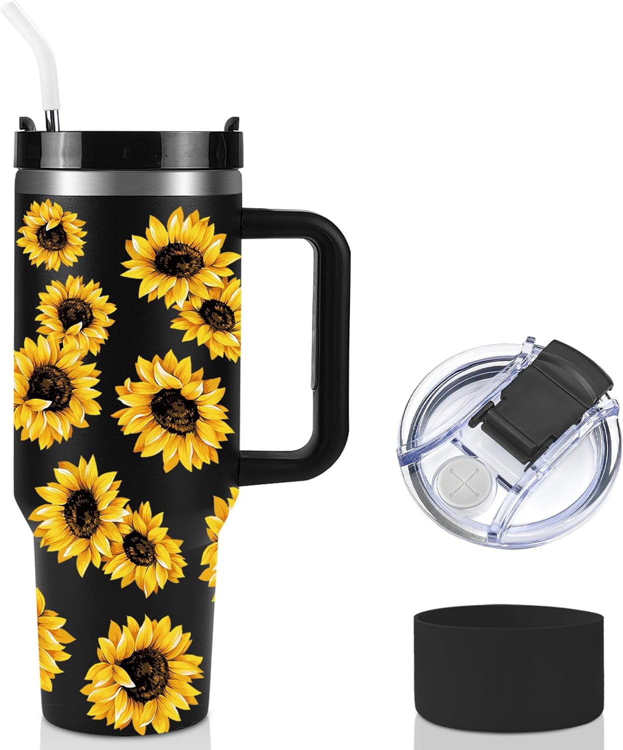 Vaso de 40 onzas con asa, tapa a prueba de derrames, popote y posavasos de silicona, taza aislada de doble pared de acero inoxidable, taza de café
