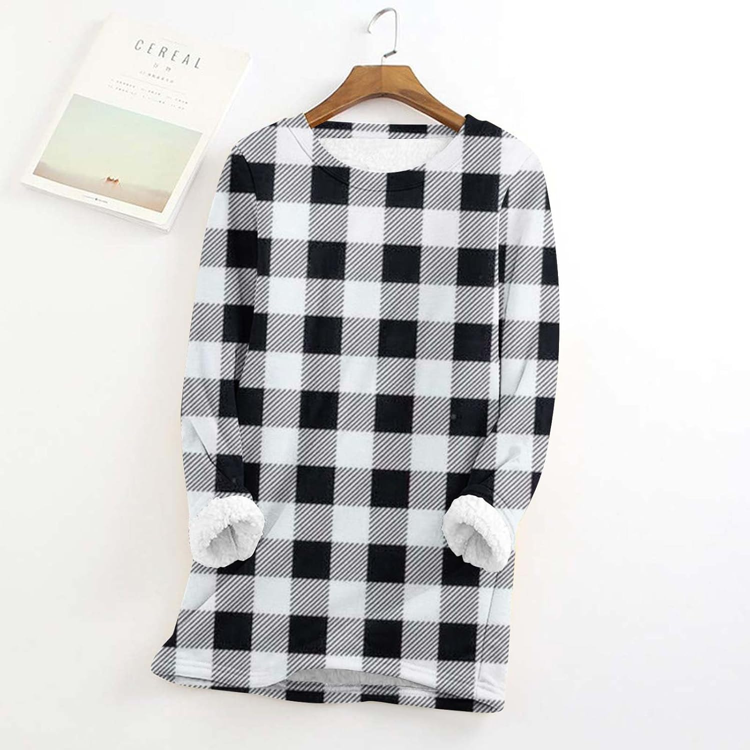 SHOPESSA Thermal Lined Sweatshirt Women Fuzzy Plaid Sweater Comfy Lounge T Shirt Sherpa Lined Sweatshirt Plus Size