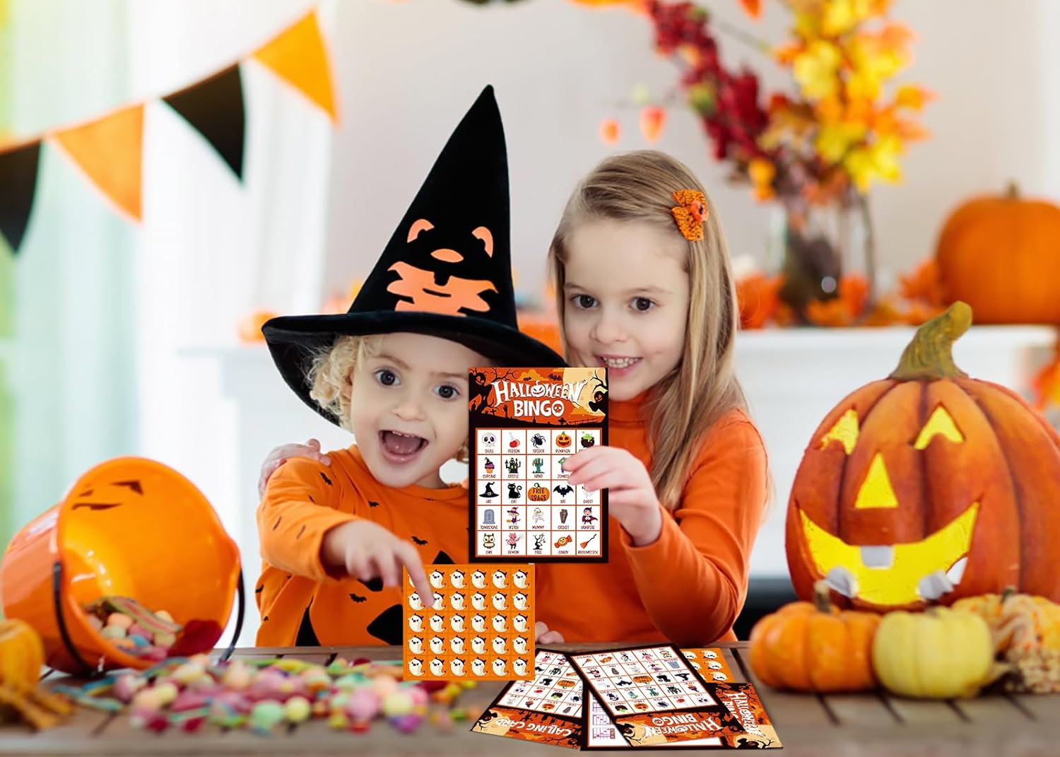 FLYAB Tarjetas de juego de bingo de Halloween para niños y adultos, 26 jugadores, juegos de fiesta de Halloween para niños, tarjetas de bingo de