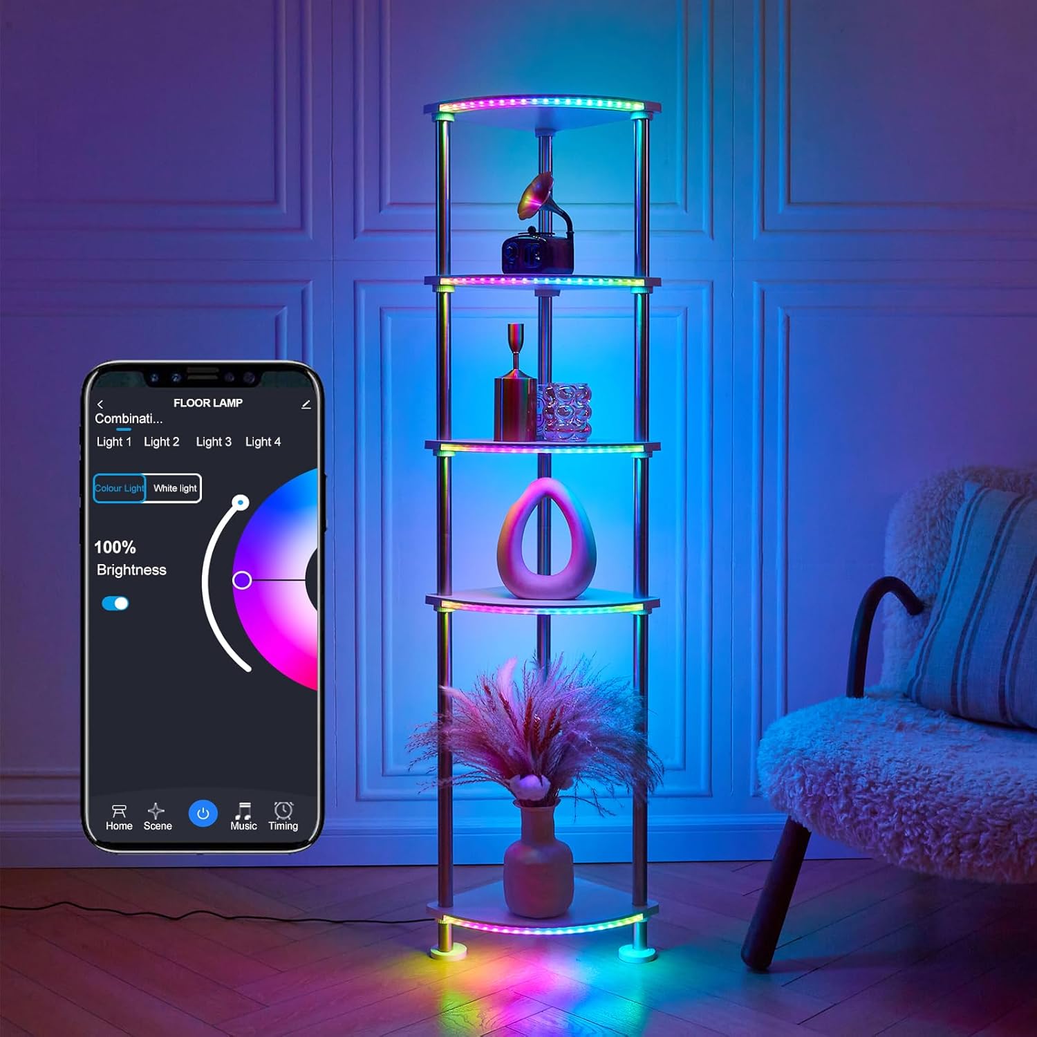 Lámpara de pie con estantes de altura ajustable RGB lámpara de pie con sincronización de música LED lámpara de pie de esquina con estación de carga,
