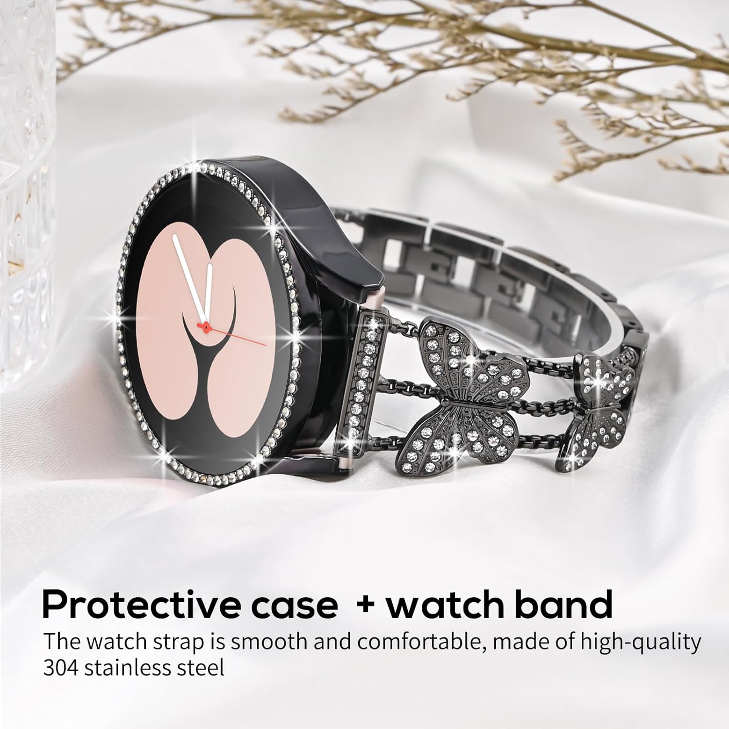 Shesyuki Correa brillante con funda compatible con Samsung Galaxy Watch 4 y 5 de 1.575 pulgadas, 1.732 pulgadas, elegante correa de acero inoxidable