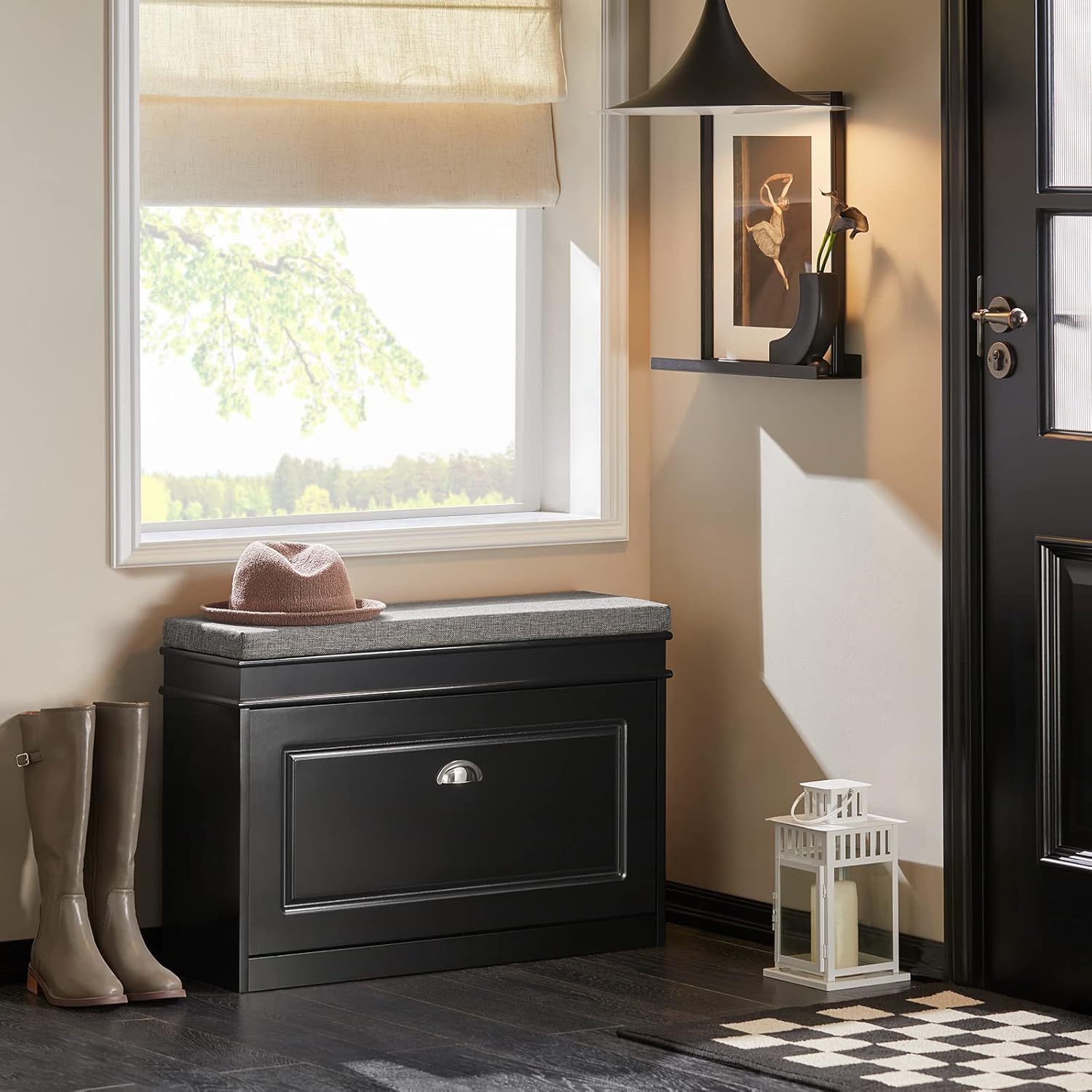 Haotian FSR82-L-SCH, zapatero de pasillo negro con cajón abatible y cojín de asiento