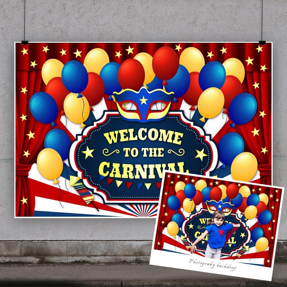 Yeele Telón de fondo de fiesta de carnaval de 10 x 6.5 pies para fotografía, globos azules y amarillos, cortina roja, telón de fondo para fiesta,