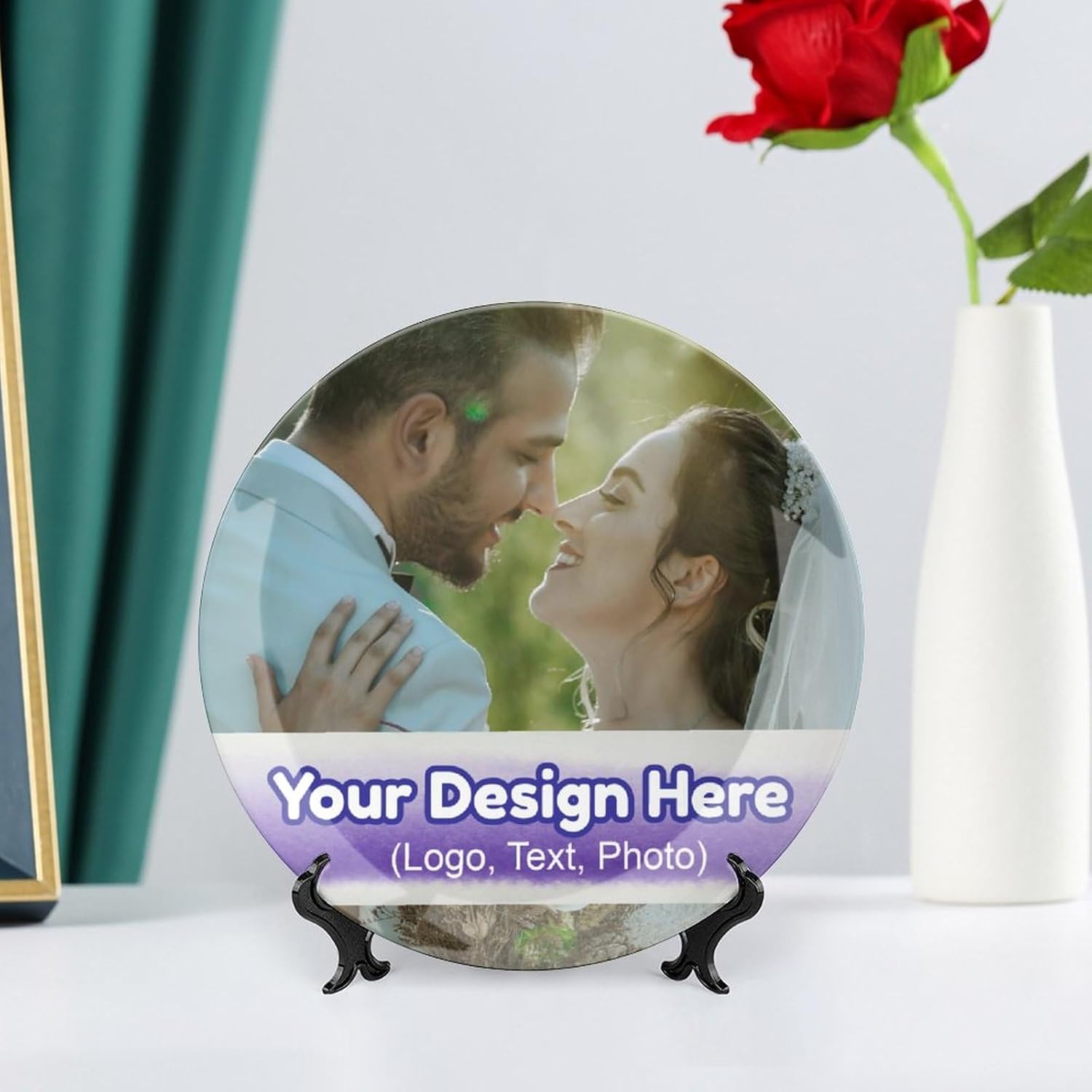 Plato decorativo personalizado para fototexto con soportes, platos llanos de porcelana personalizados con imagen, foto personalizada en plato, crea
