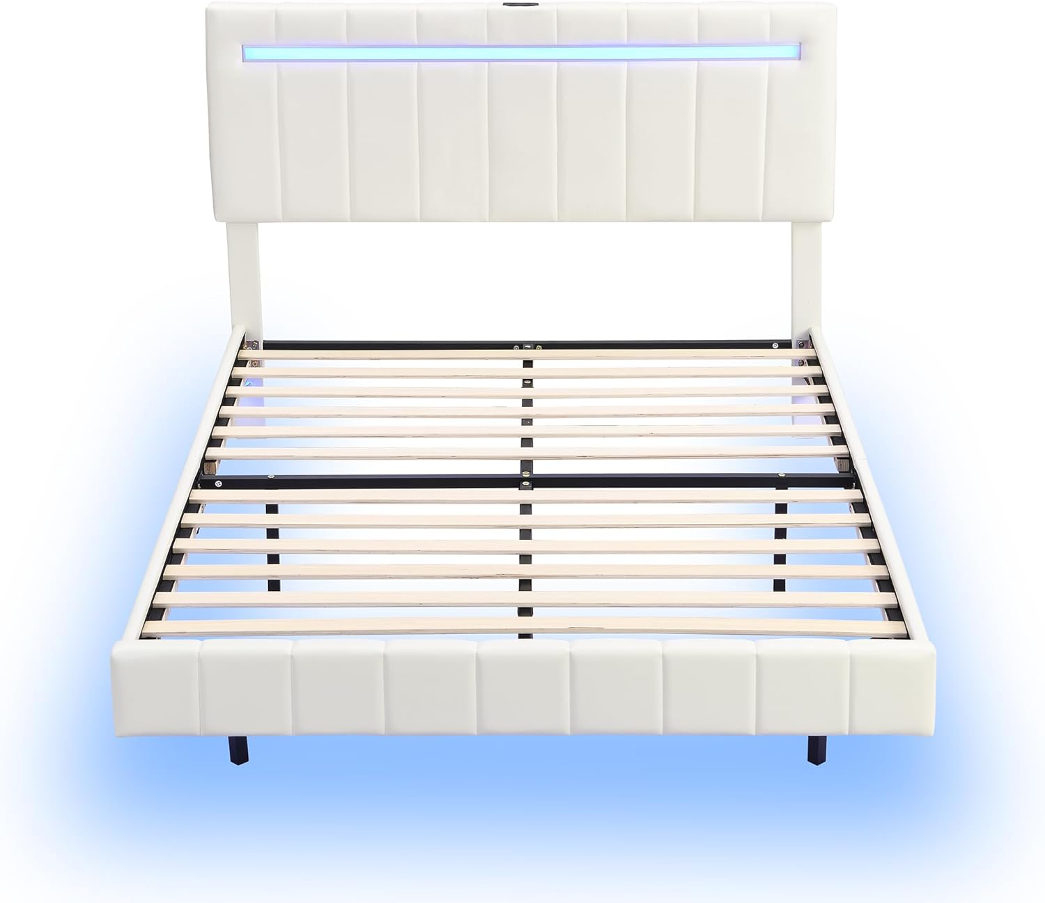 Linique Marco de cama flotante tamaño Queen con luces LED y carga USB, moderno marco de cama LED tapizado de poliuretano tamaño Queen, color blanco