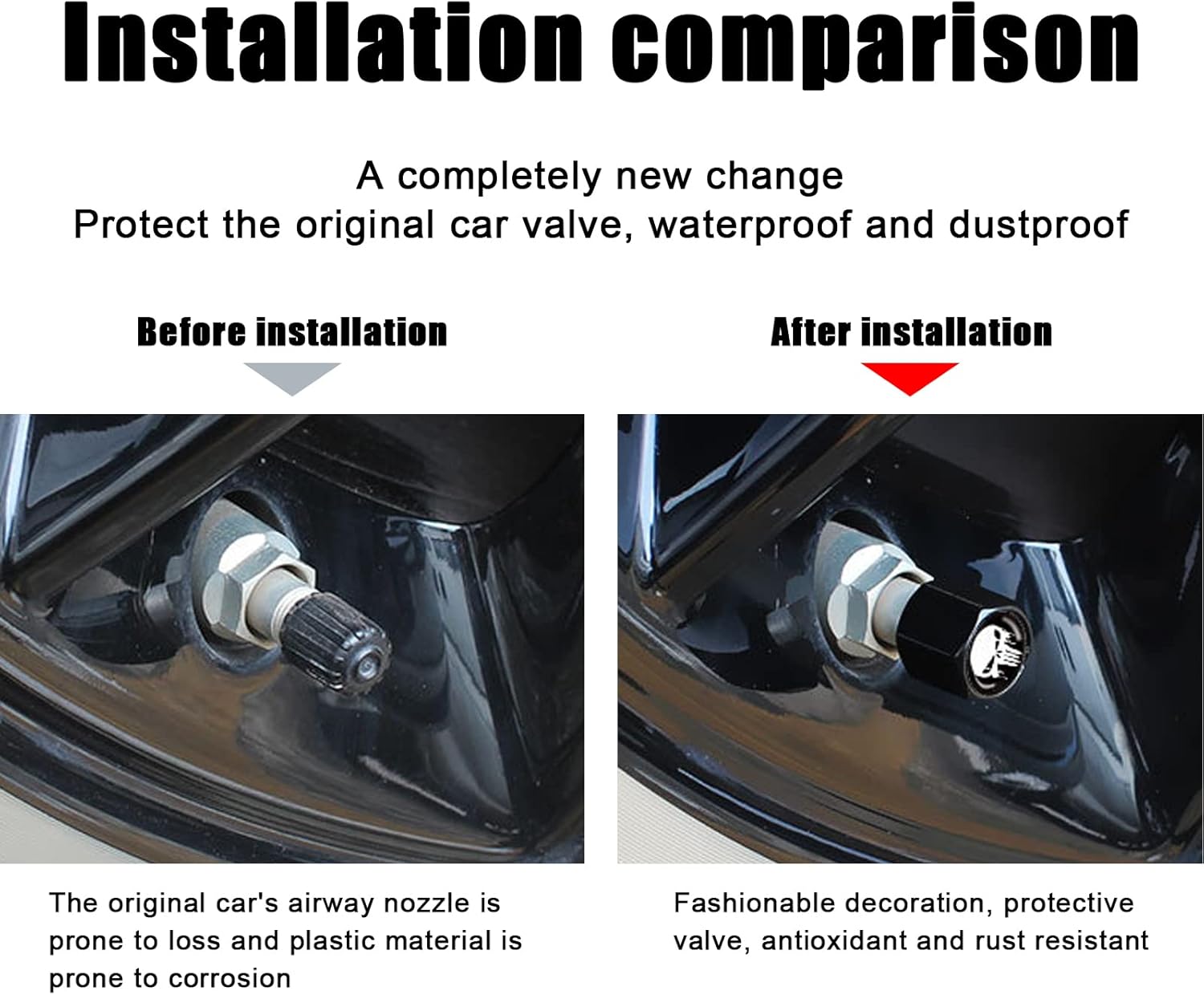 Paquete de 4 tapas de vástago de válvula de automóvil, tapones universales para válvulas de aire de neumáticos de automóvil (negro y blanco)