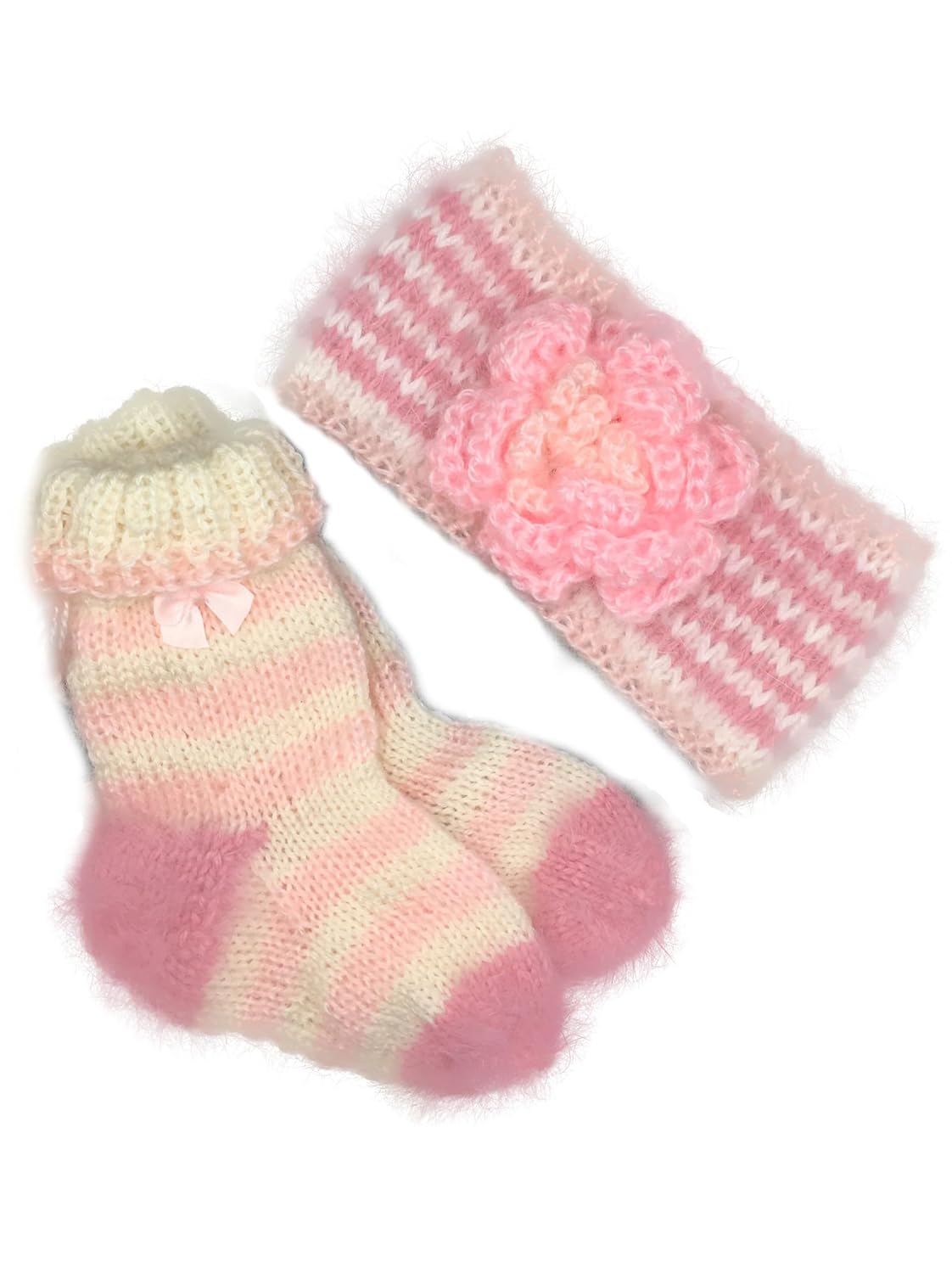 Baby Girl Headband and Matching Socks Booties Set. Handmade of Softest Natural Fibers. Fits 12-18 Months Baby Girl. Pink and White Colors. Designer
