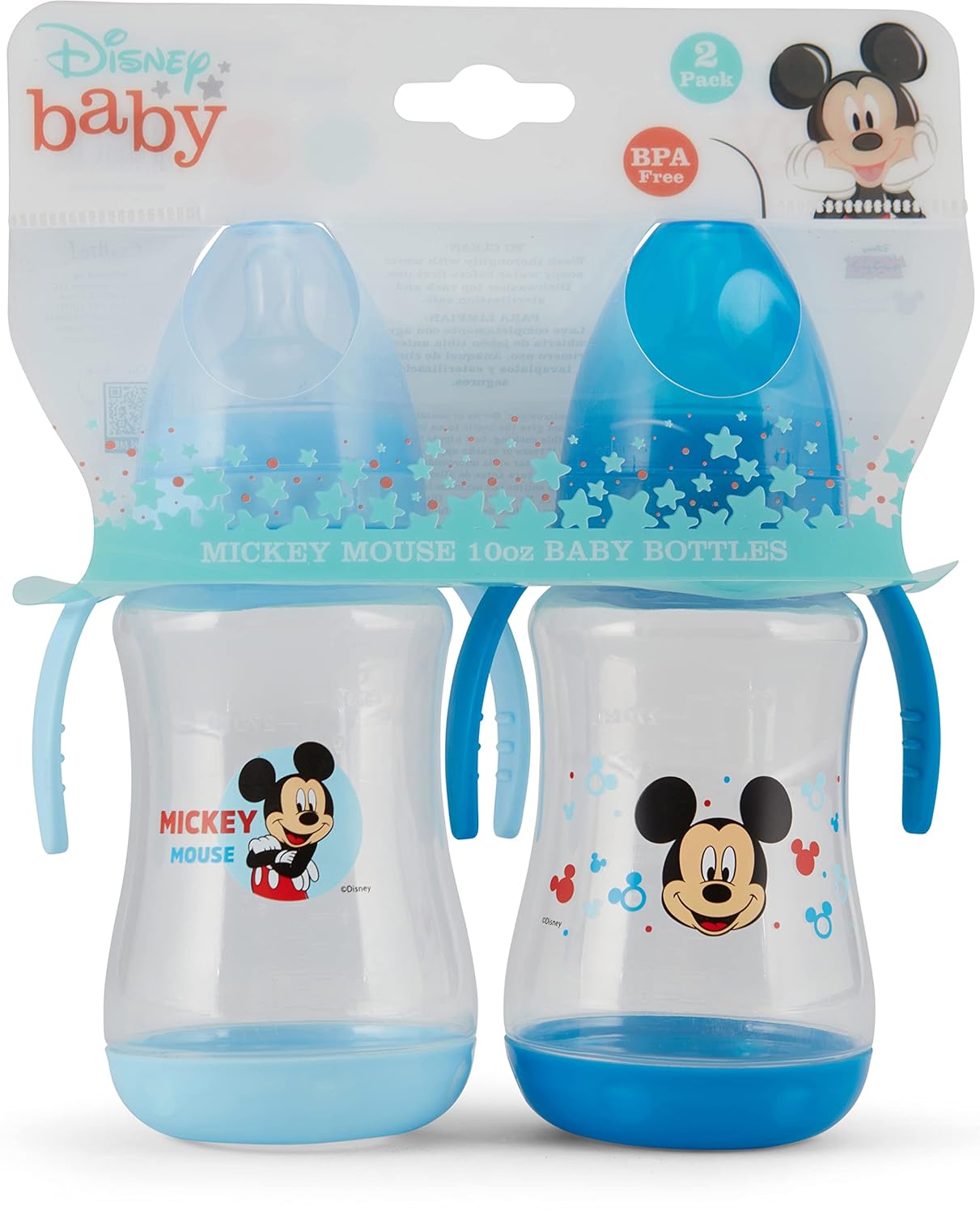 Disney Paquete de 2 biberones de 10 onzas con estampados de personajes y fundas de colores con doble asa, sin BPA y fácil de limpiar