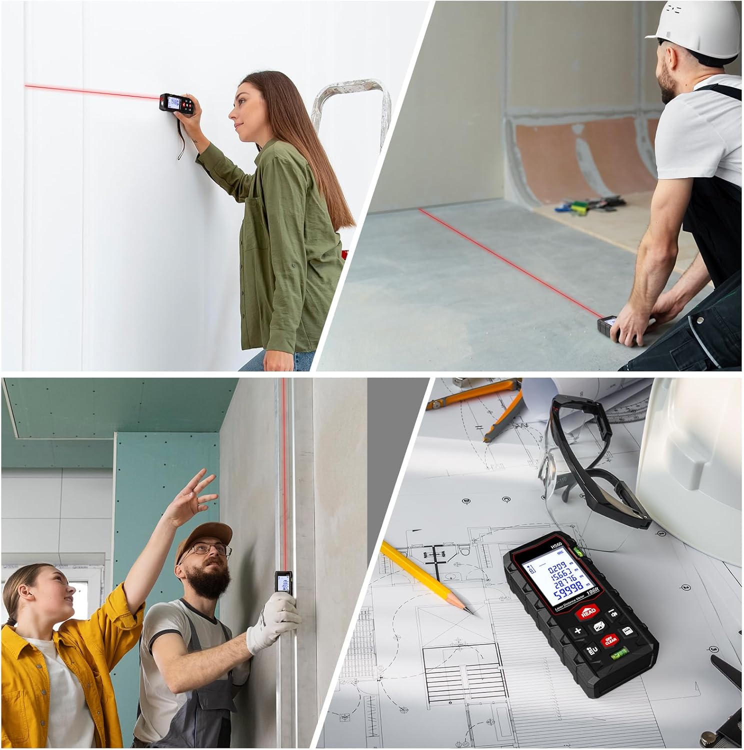 Laser Measure 196ft, Charcity Laser Distance Meter 60M(MinF) with 2 Bubble Levels, Mute Function IP54 Waterproof Large LCD Backlit, for Pythagorean