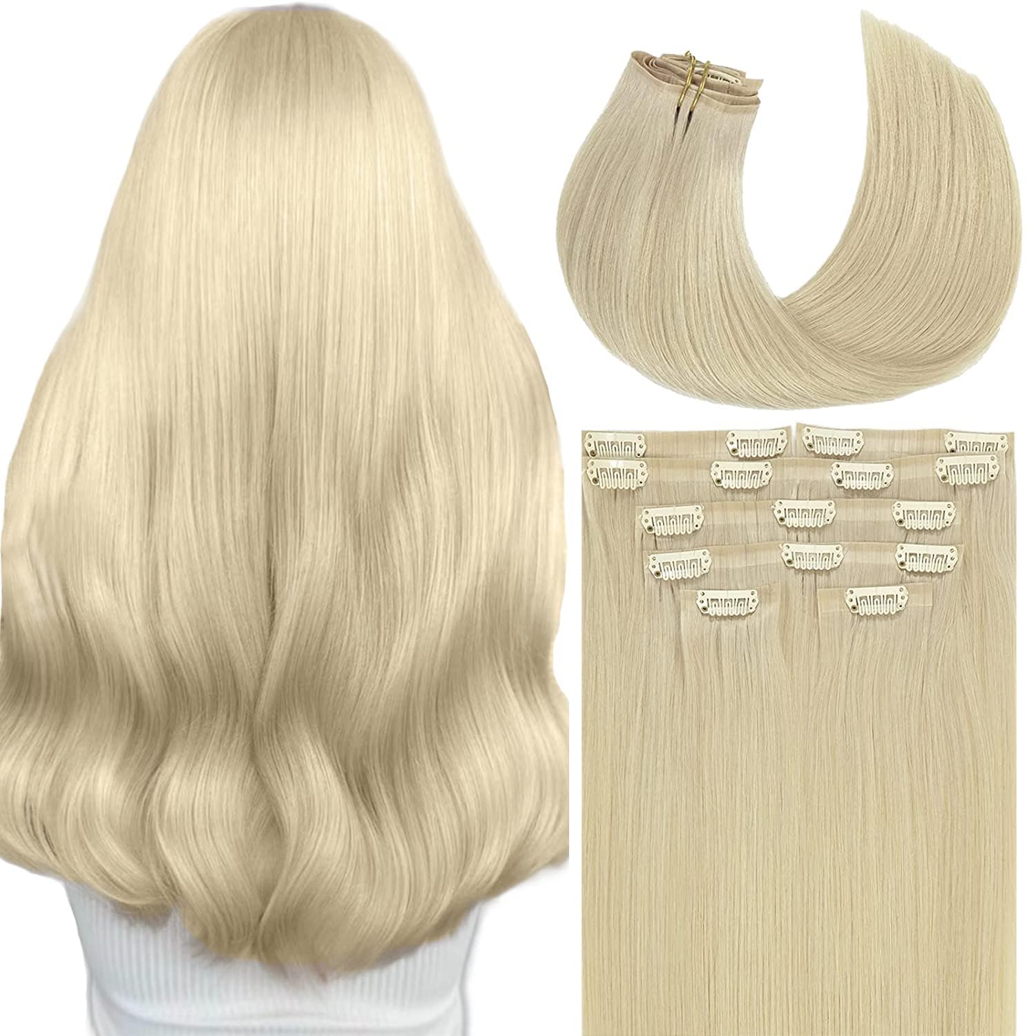 Anrosa Extensiones de cabello humano real con clip, sin costuras, 14 pulgadas, extensiones de cabello natural con clip, extensiones de cabello