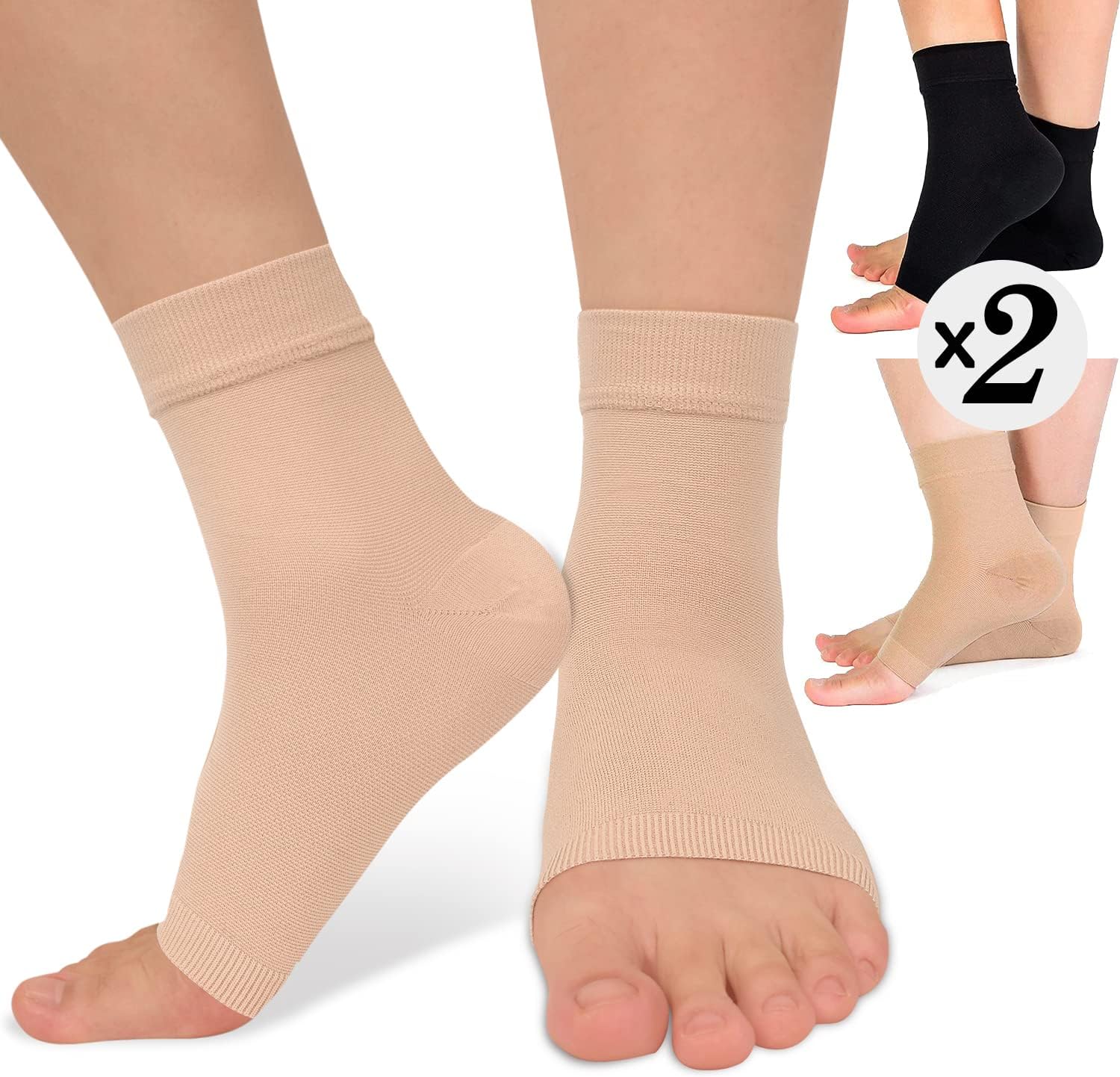 ACTINPUT Paquete de 2 tobilleras de compresión de 8-15 mmHg, puntera abierta, calcetines de compresión para mujeres y hombres, para hinchazón,